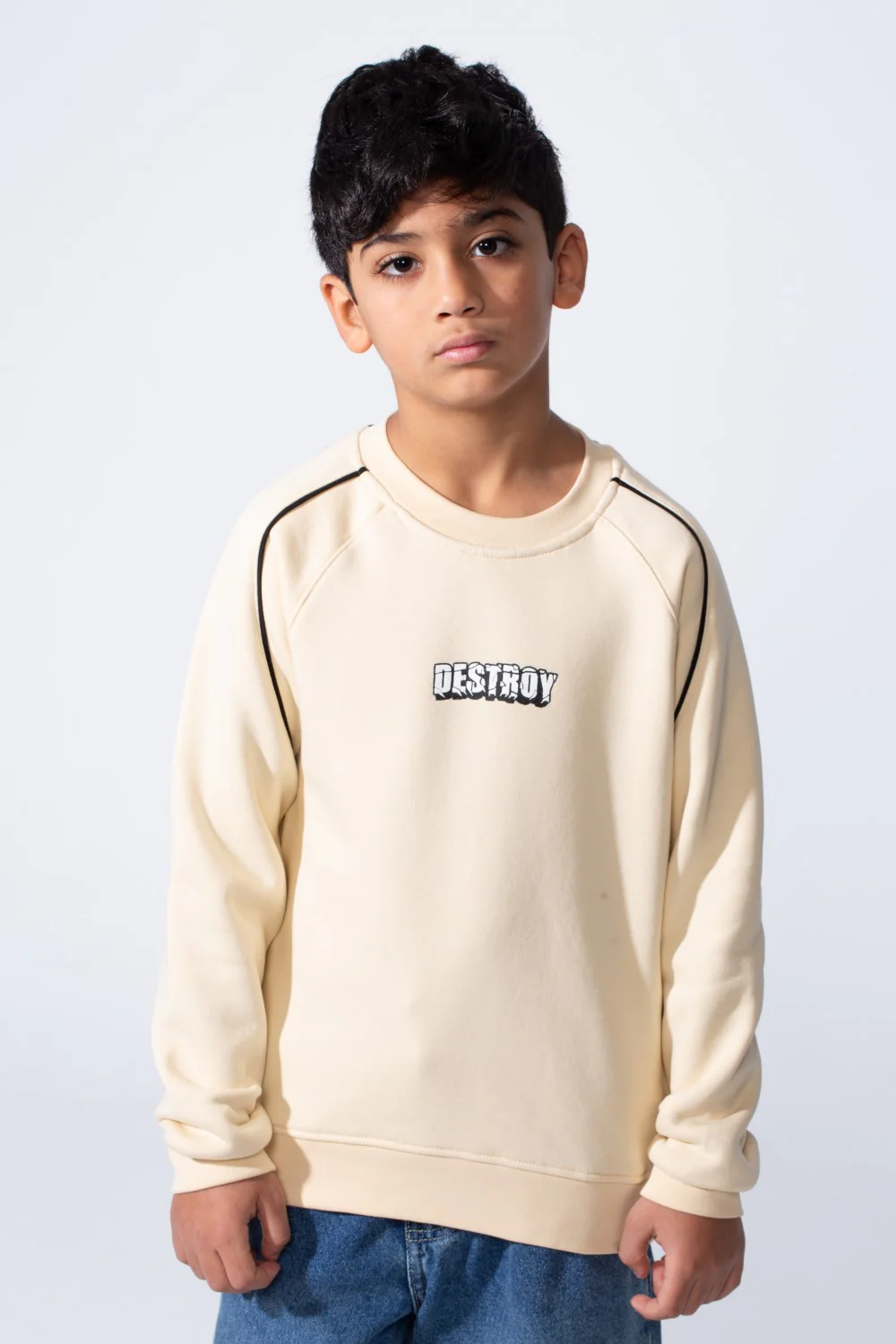 Boy’s Destroy Print Contrast Shoulder Piping Oversized Melton Crew Neck Sweatshirt