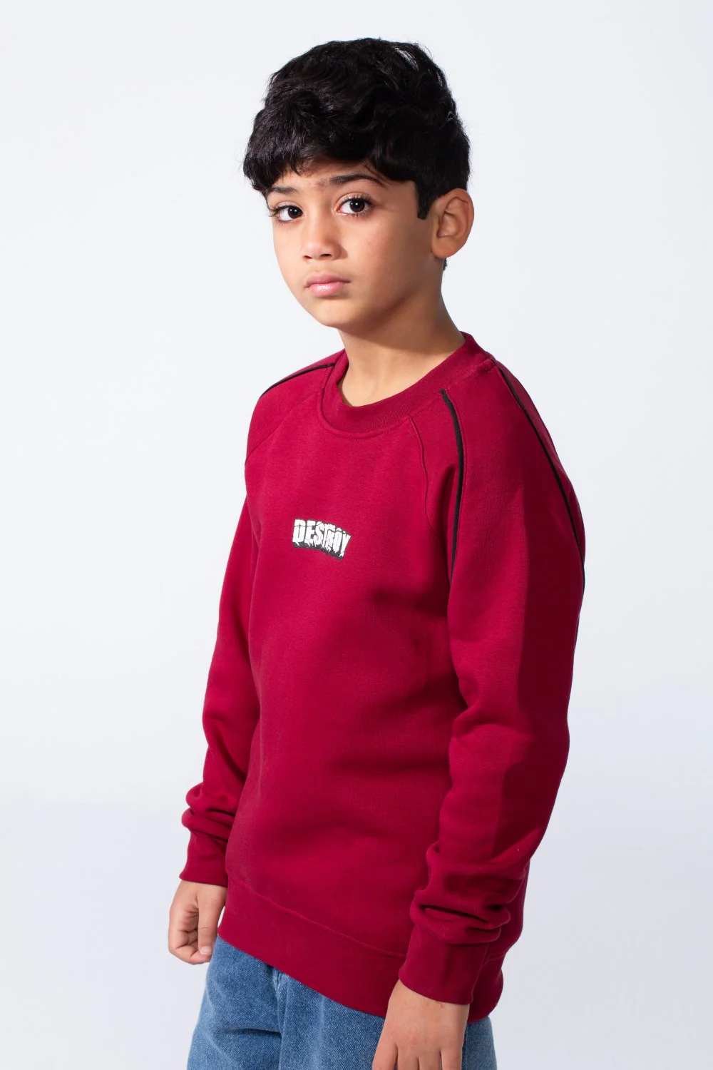 Boy’s Destroy Print Contrast Shoulder Piping Oversized Melton Crew Neck Sweatshirt - Image 11