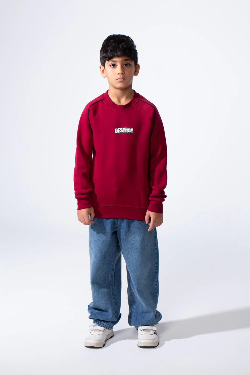 Boy’s Destroy Print Contrast Shoulder Piping Oversized Melton Crew Neck Sweatshirt - Image 12