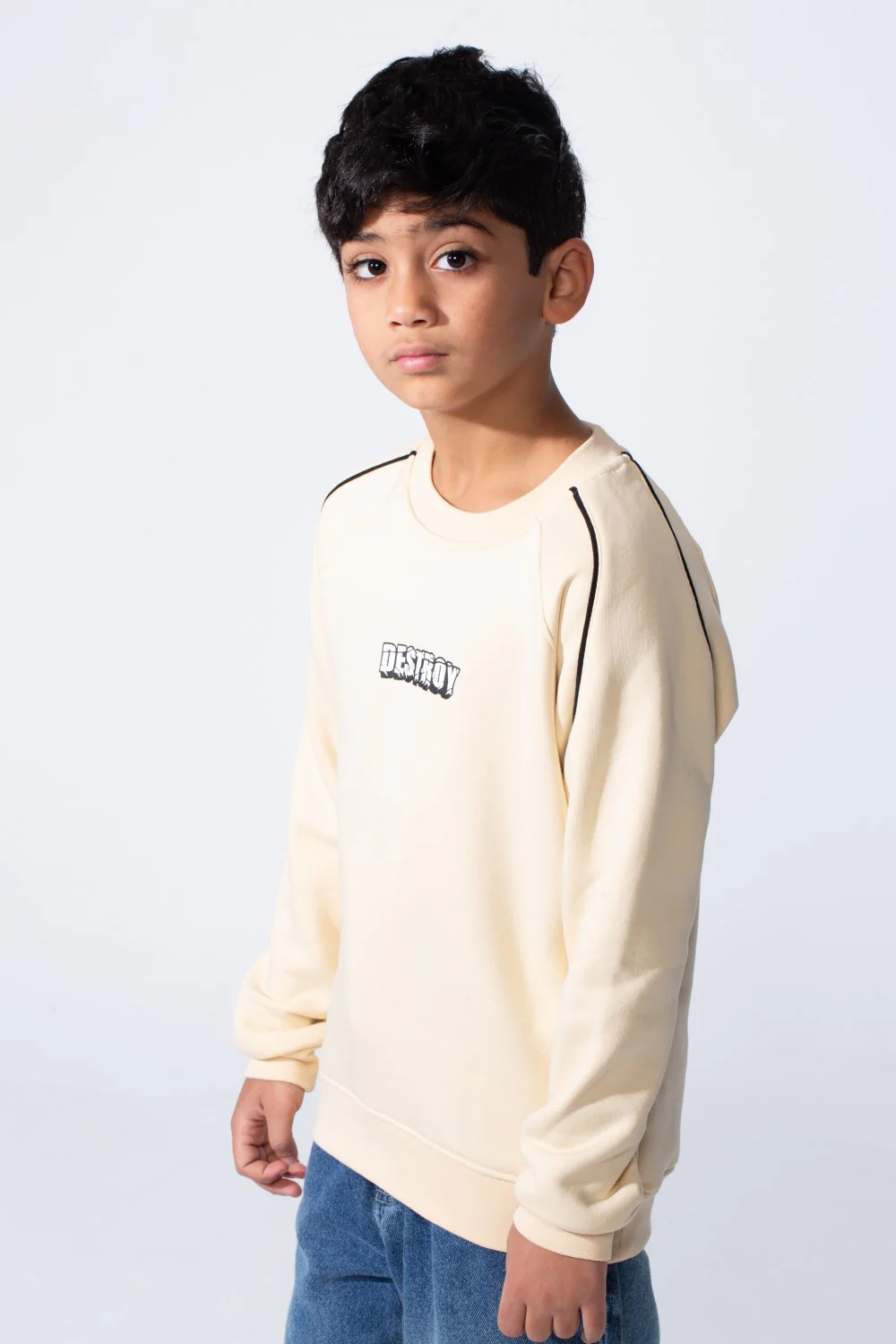 Boy’s Destroy Print Contrast Shoulder Piping Oversized Melton Crew Neck Sweatshirt - Image 3
