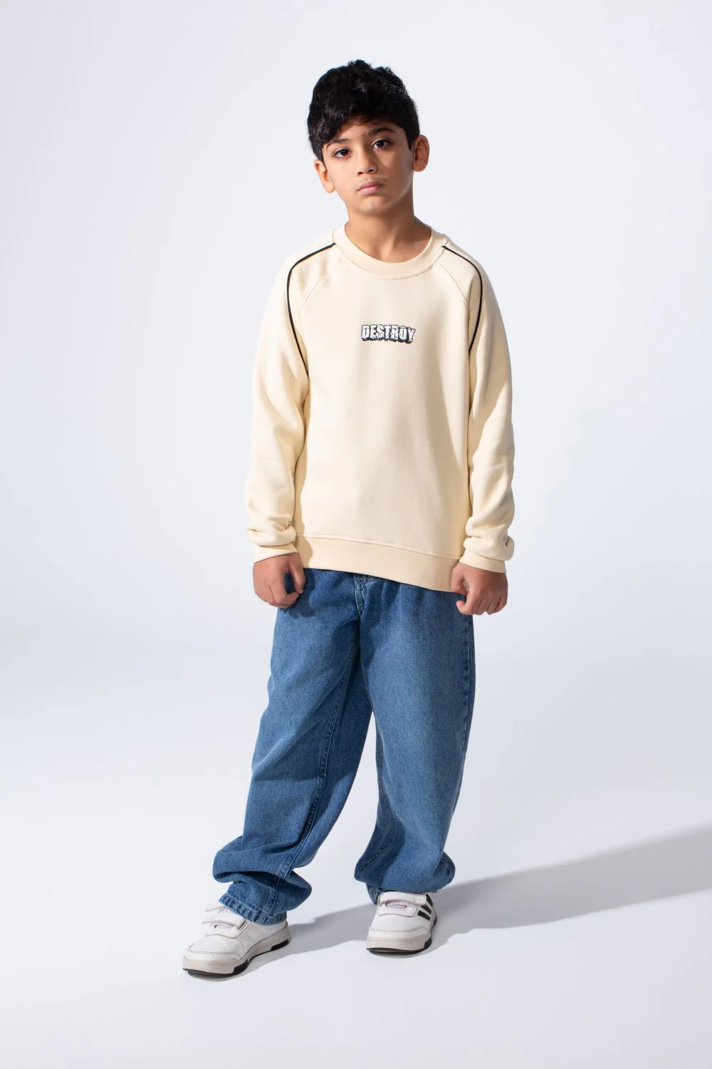 Boy’s Destroy Print Contrast Shoulder Piping Oversized Melton Crew Neck Sweatshirt - Image 4
