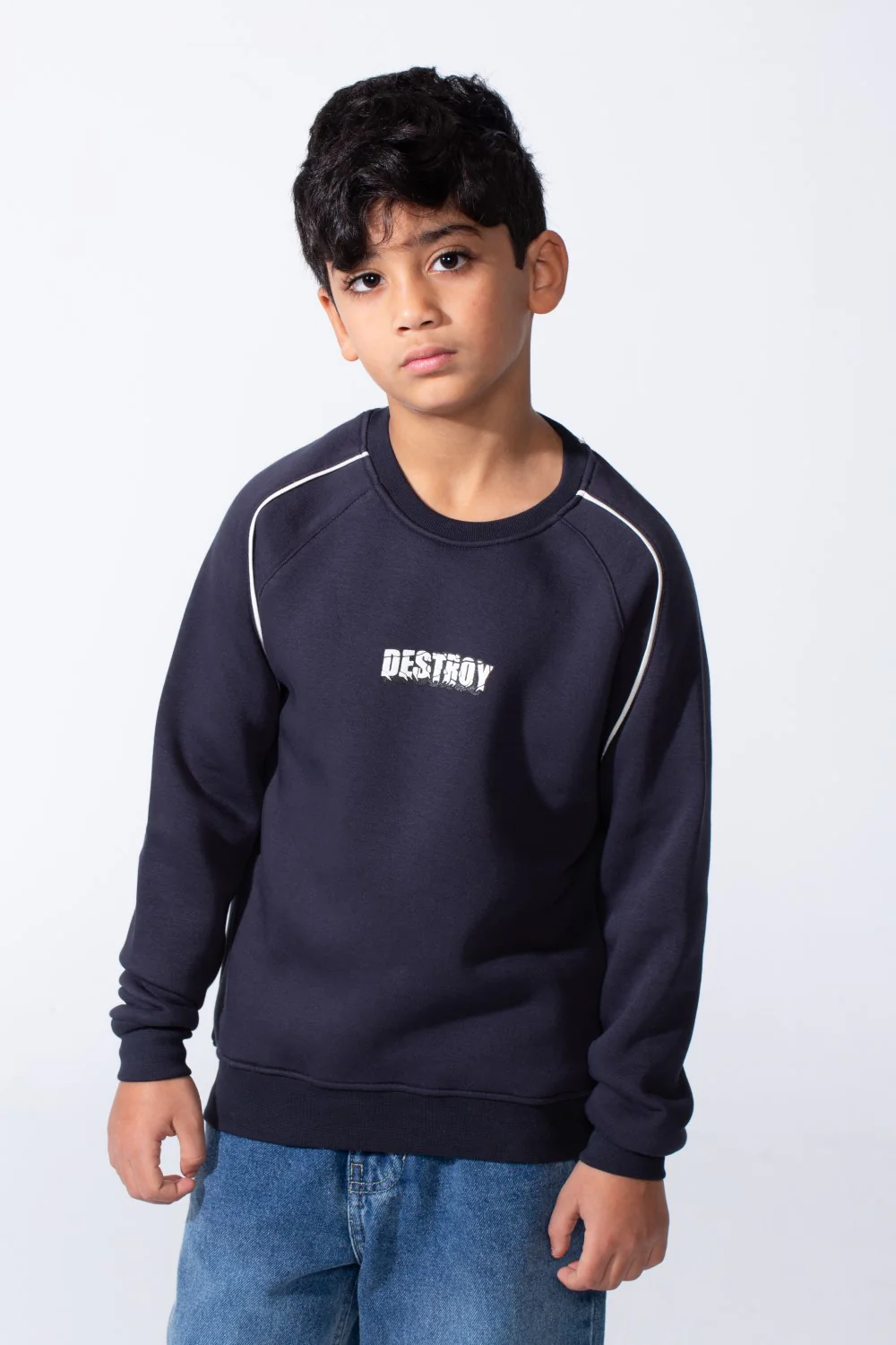 Boy’s Destroy Print Contrast Shoulder Piping Oversized Melton Crew Neck Sweatshirt - Image 5
