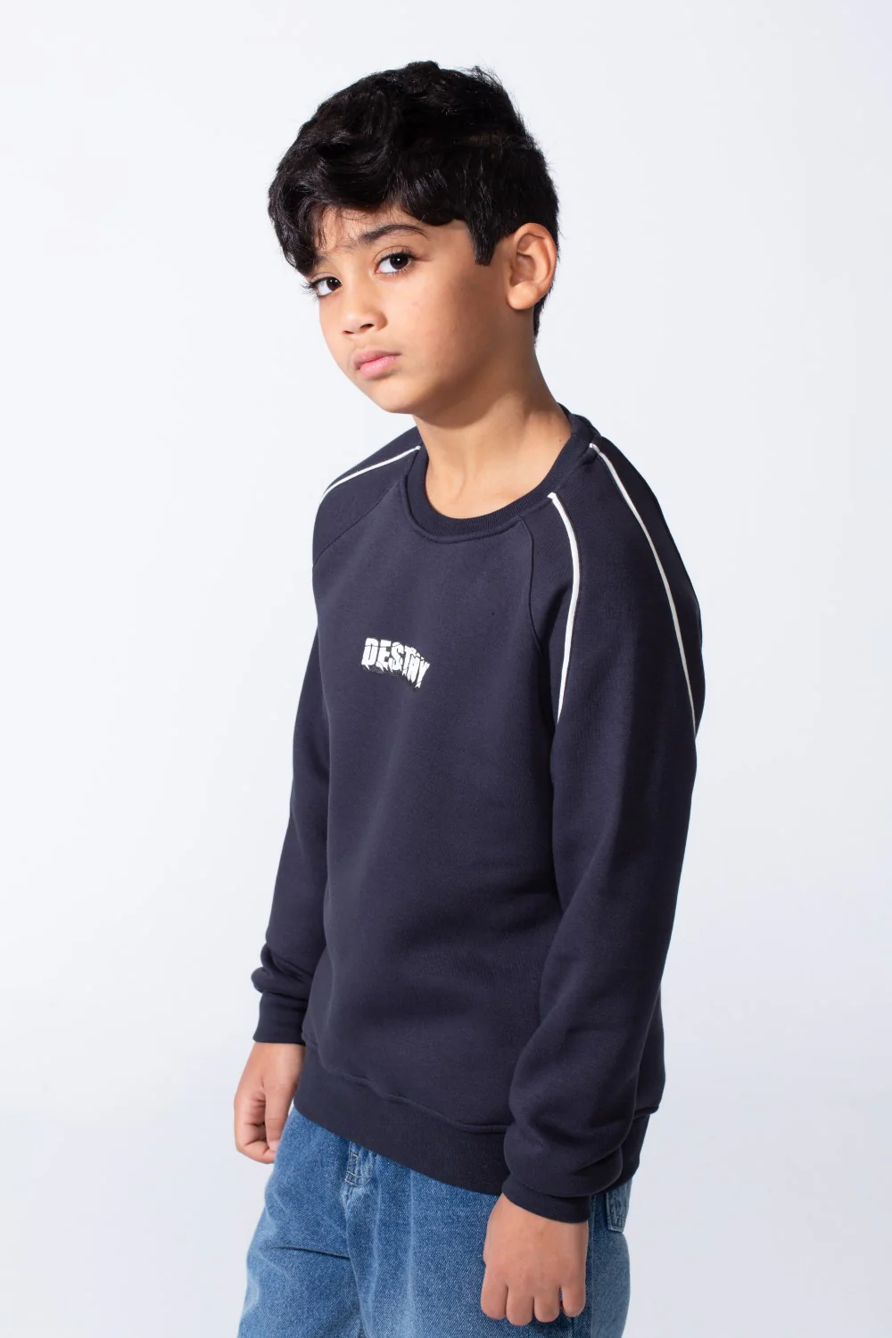 Boy’s Destroy Print Contrast Shoulder Piping Oversized Melton Crew Neck Sweatshirt - Image 7