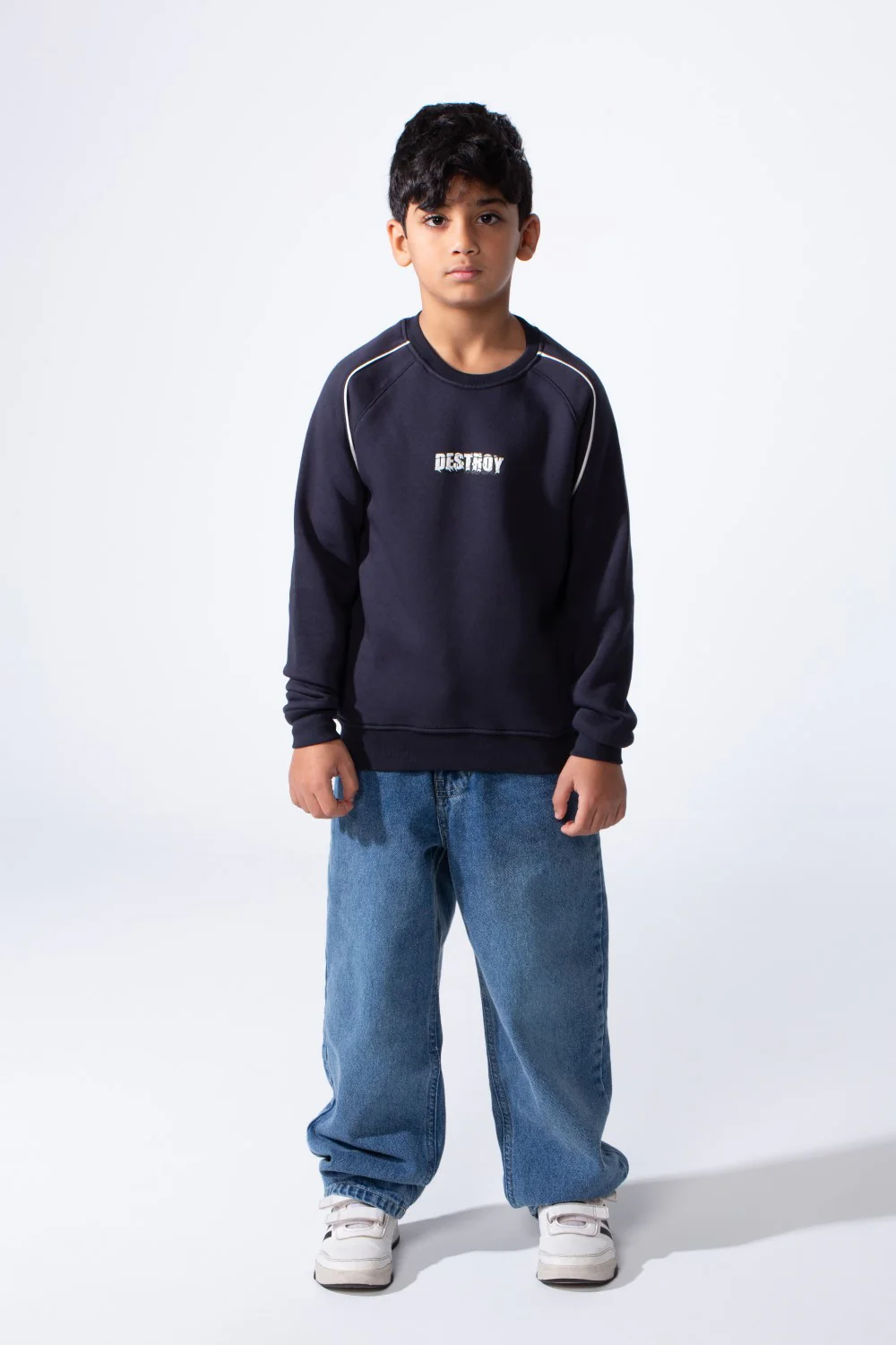 Boy’s Destroy Print Contrast Shoulder Piping Oversized Melton Crew Neck Sweatshirt - Image 8