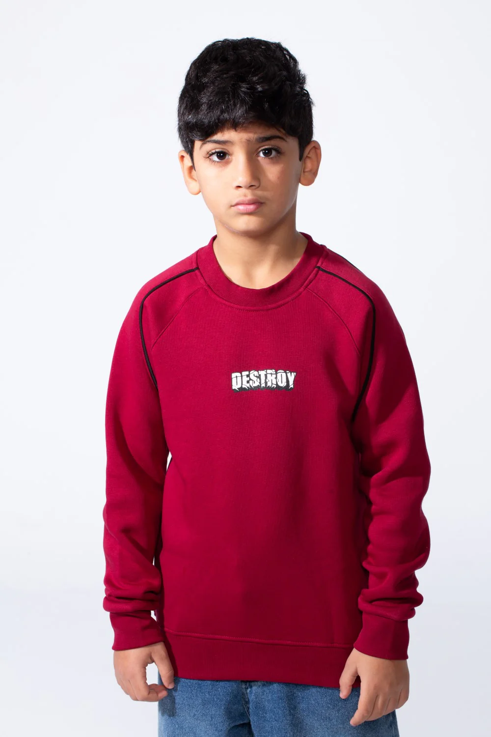 Boy’s Destroy Print Contrast Shoulder Piping Oversized Melton Crew Neck Sweatshirt - Image 9
