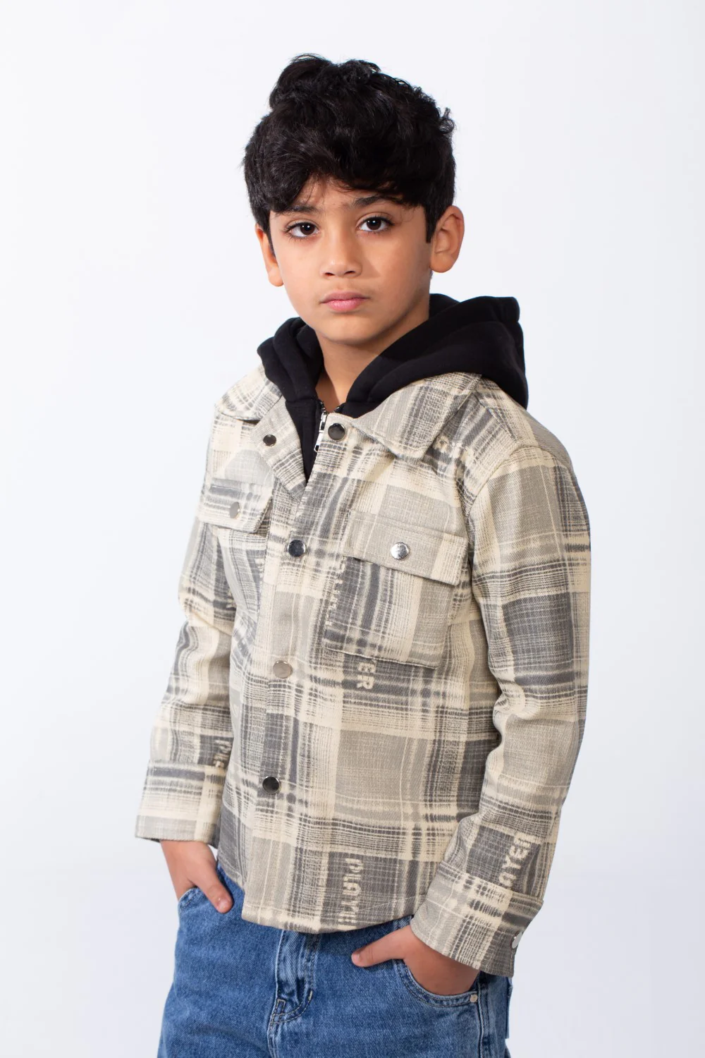 Boy’s Inner Hood Gabardine Slim Fit Checked Shirt With Pockets - Image 11