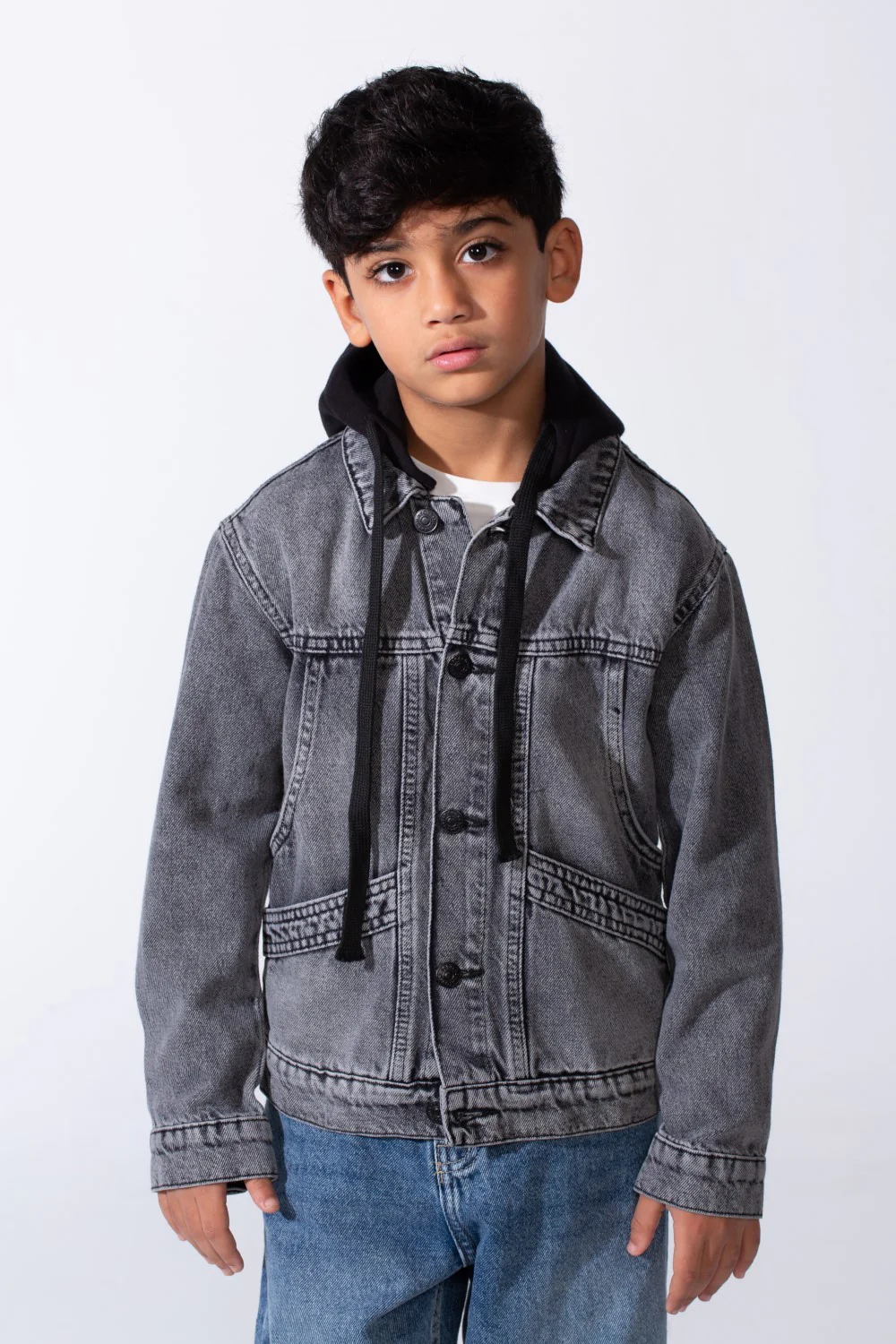 Boy’s Melton Hood Front Pockets Long Sleeve Denim Jeans Jacket