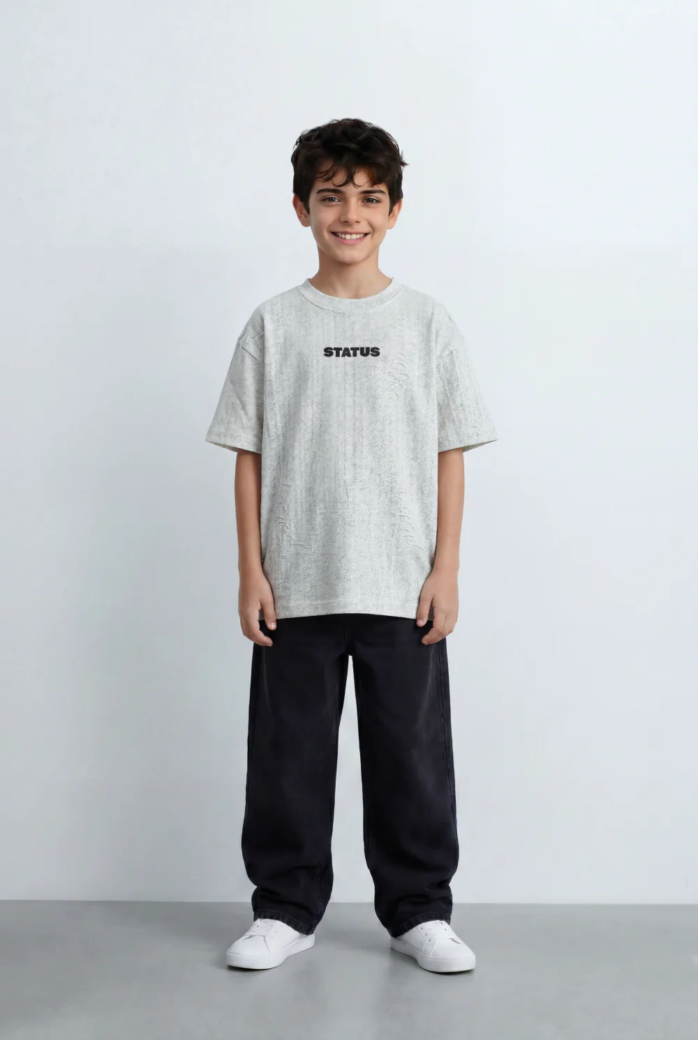 Boy’s Tomato Store Textured Oversized T-Shirt Tonal Crinkle Effect Minimal Chest Graphic - Image 3