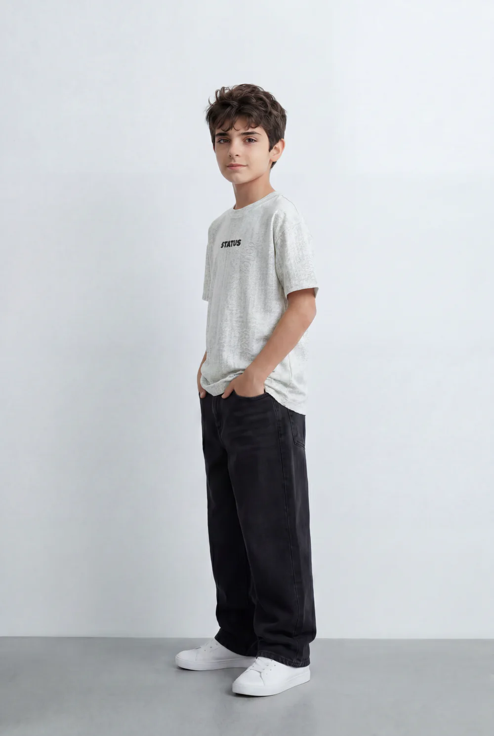 Boy’s Tomato Store Textured Oversized T-Shirt Tonal Crinkle Effect Minimal Chest Graphic - Image 4