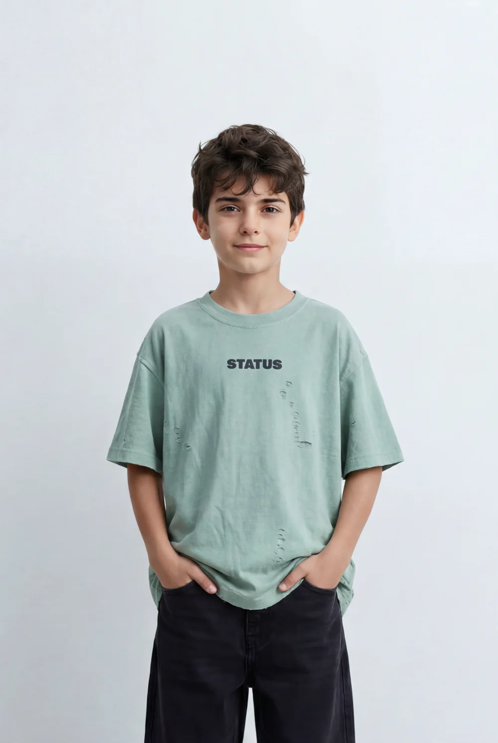 Boy’s Tomato Store Textured Oversized T-Shirt Tonal Crinkle Effect Minimal Chest Graphic - Image 5
