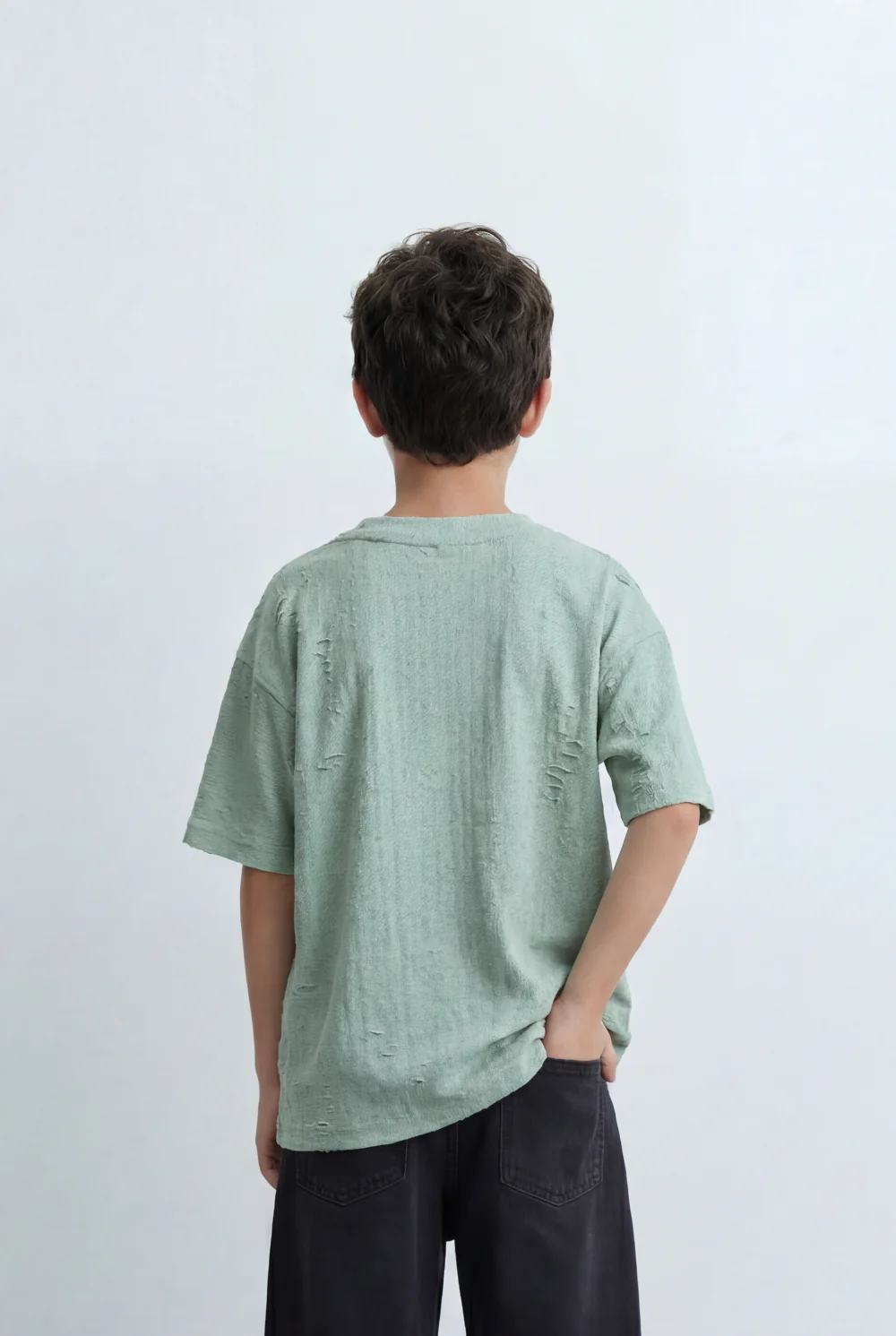 Boy’s Tomato Store Textured Oversized T-Shirt Tonal Crinkle Effect Minimal Chest Graphic - Image 6