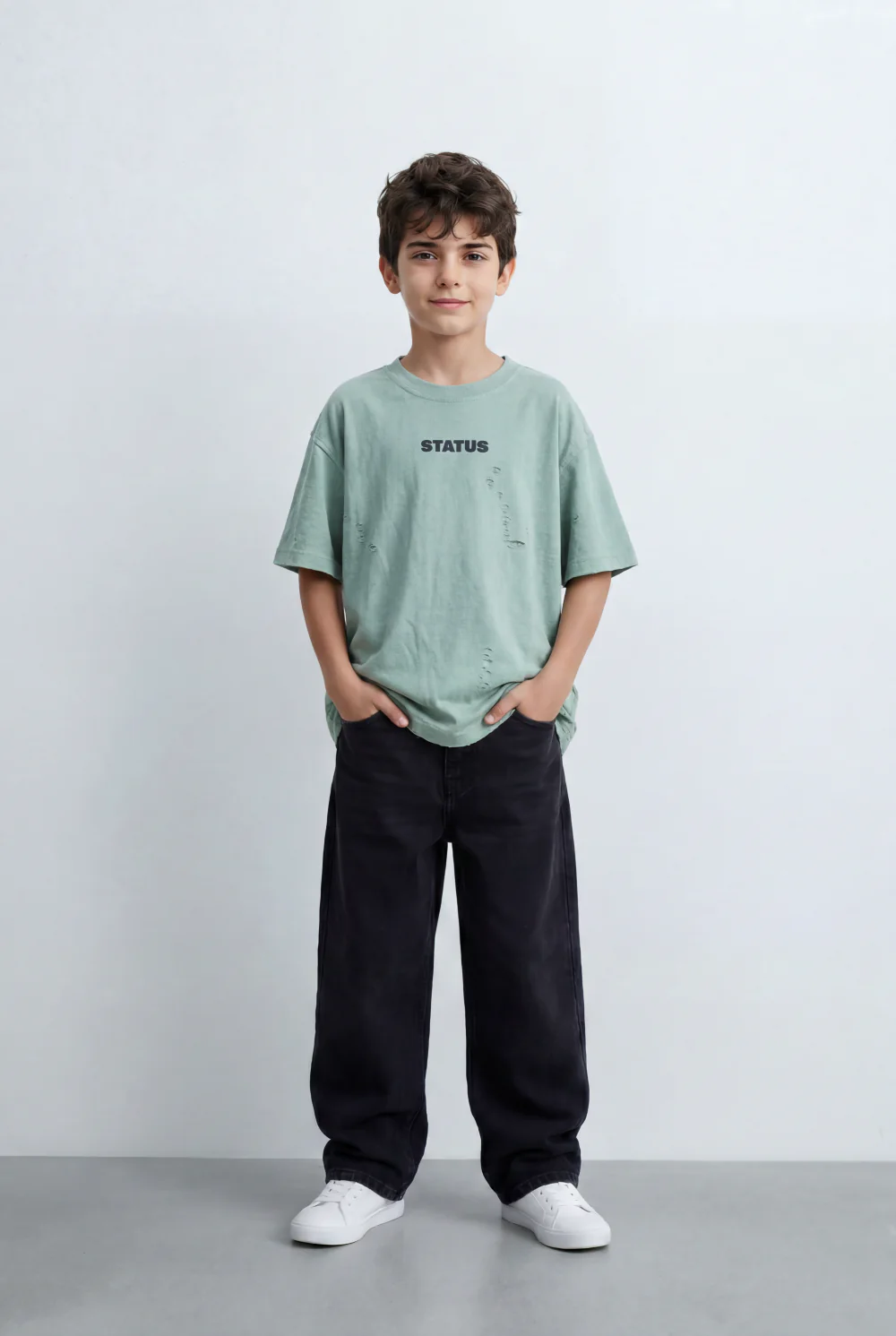 Boy’s Tomato Store Textured Oversized T-Shirt Tonal Crinkle Effect Minimal Chest Graphic - Image 7