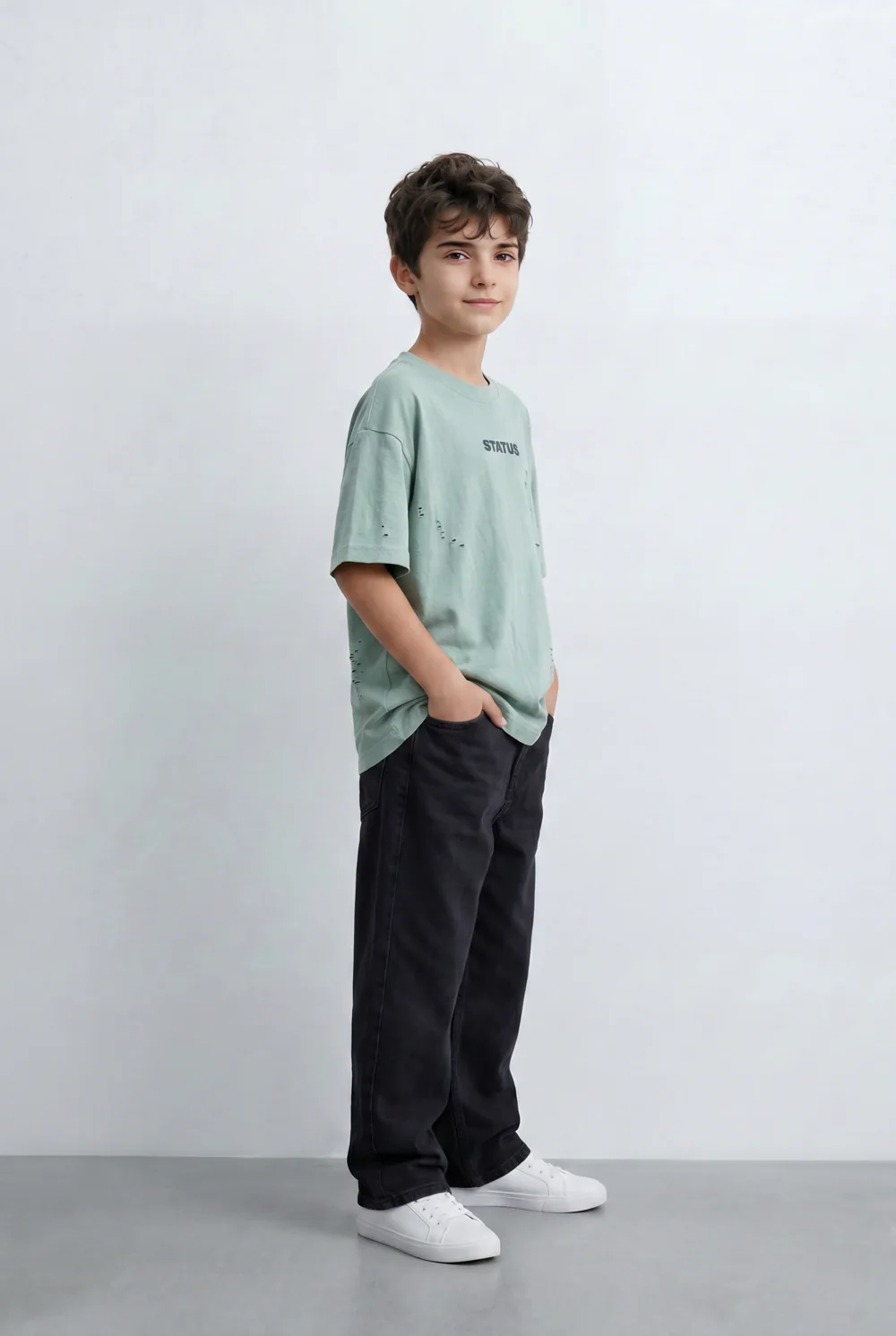 Boy’s Tomato Store Textured Oversized T-Shirt Tonal Crinkle Effect Minimal Chest Graphic - Image 8