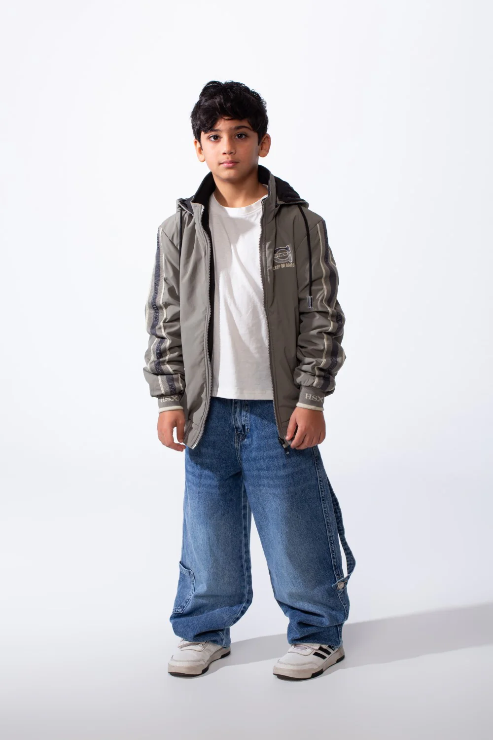 Boy’s Double Face Waterproof Stripe Sleeve Design Puffer Hooded Jacket - Image 4