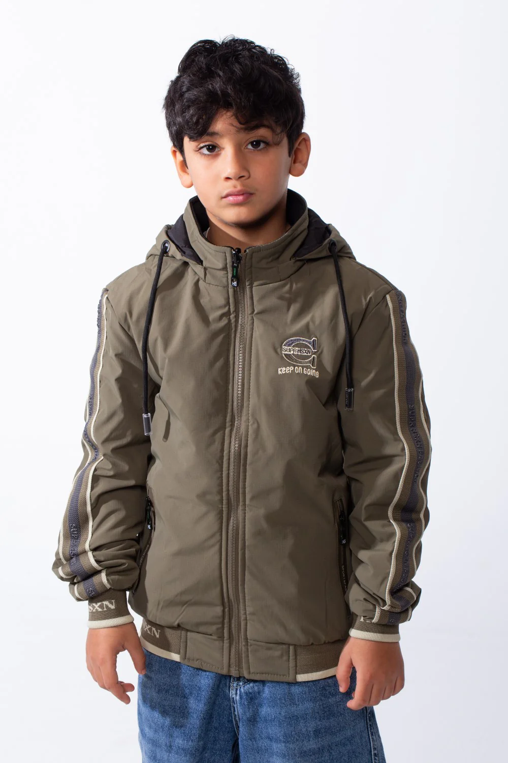 Boy’s Double Face Waterproof Stripe Sleeve Design Puffer Hooded Jacket - Image 5