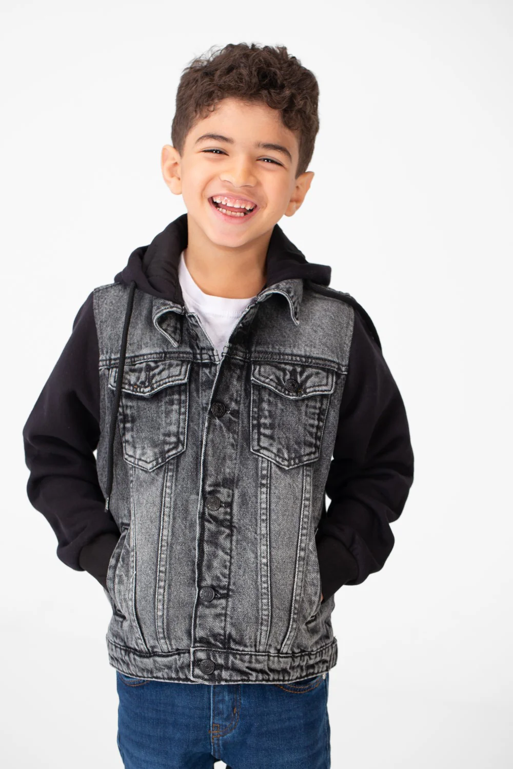 Boy's Back Text Print Denim Jacket With Melton Sleeves & Hood - Image 13