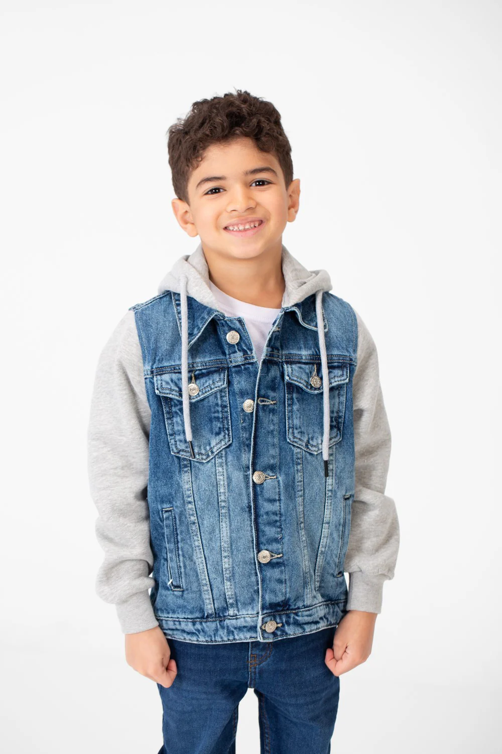 Boy's Back Text Print Denim Jacket With Melton Sleeves & Hood - Image 5