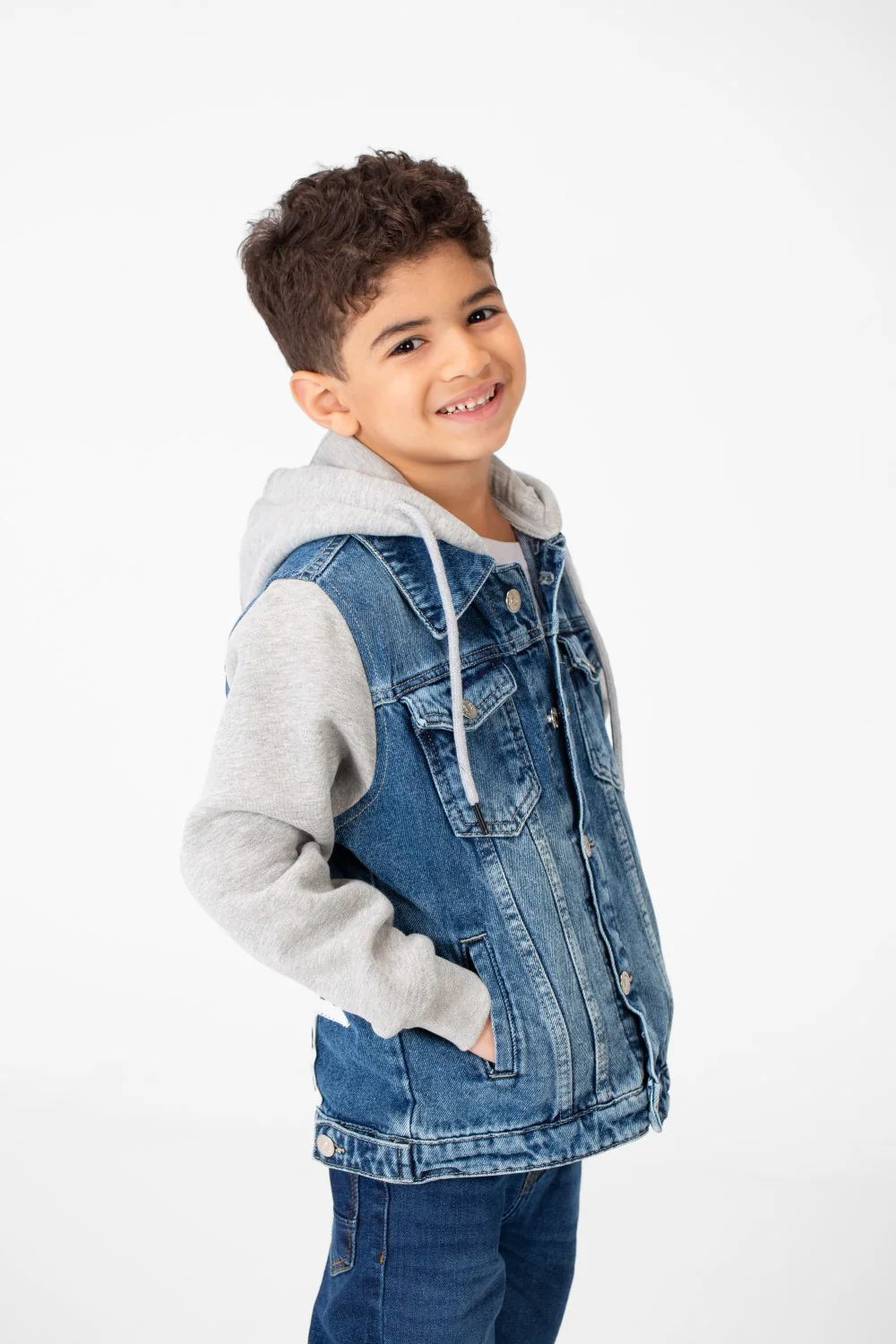 Boy's Back Text Print Denim Jacket With Melton Sleeves & Hood - Image 7