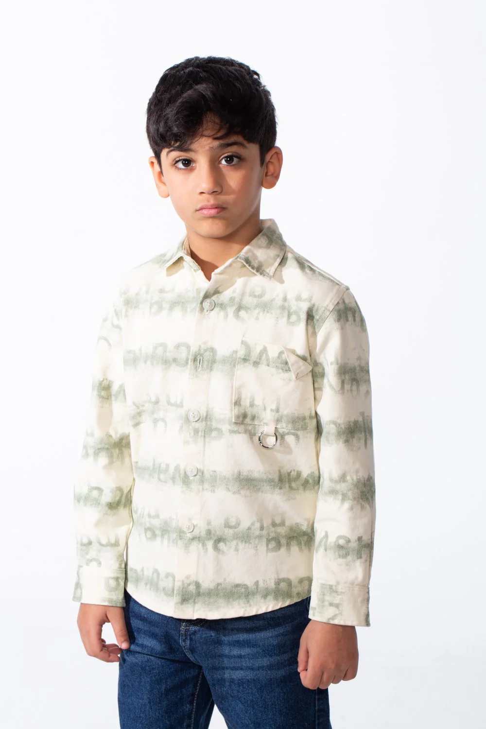 Boy's Button-Down Graphic Panels Left-Chest Utility Pocket Slim Fit Gabardine Shirt