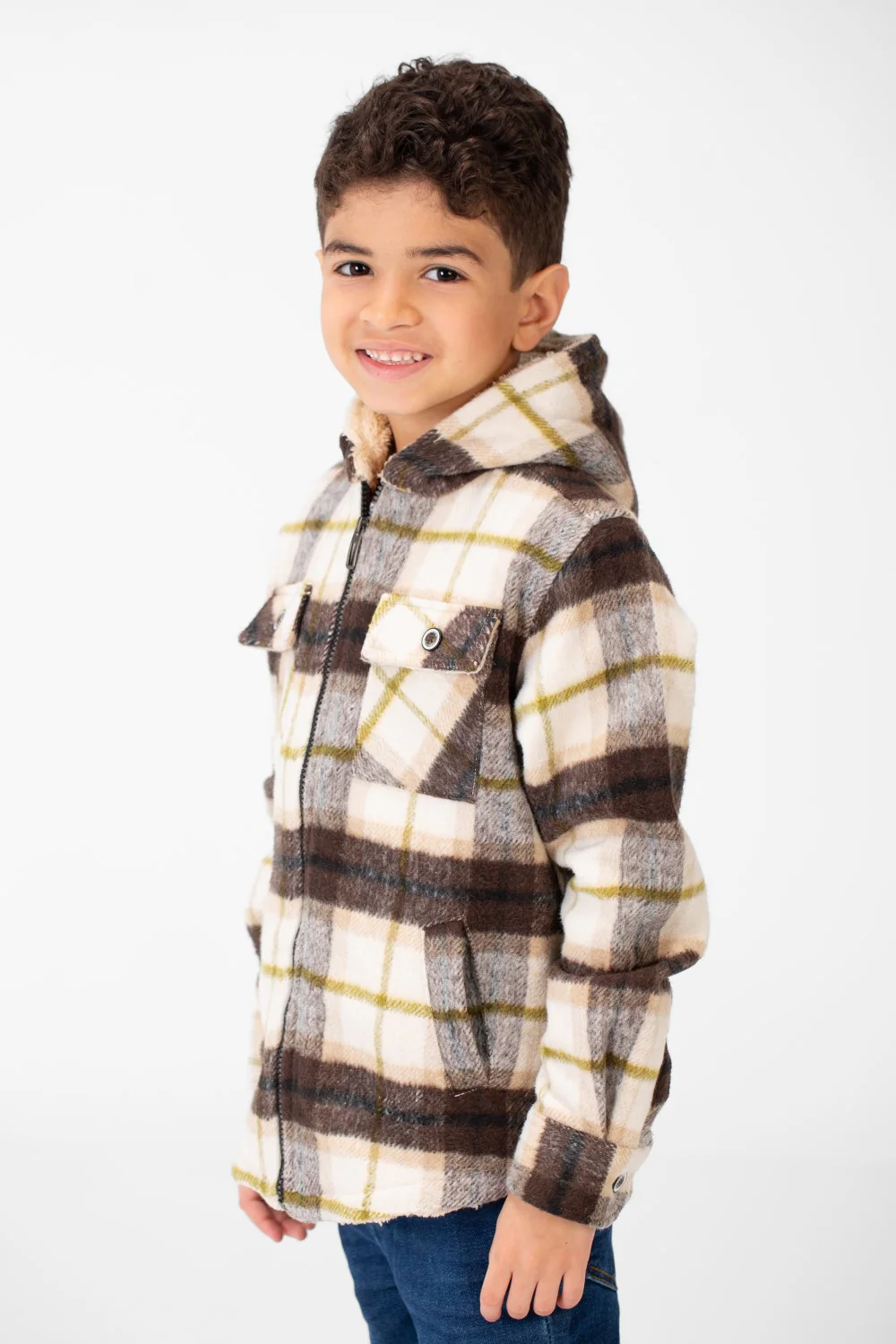 Boy's Checked Fur Padded Hood Shirt With Fully Zipped - Image 3