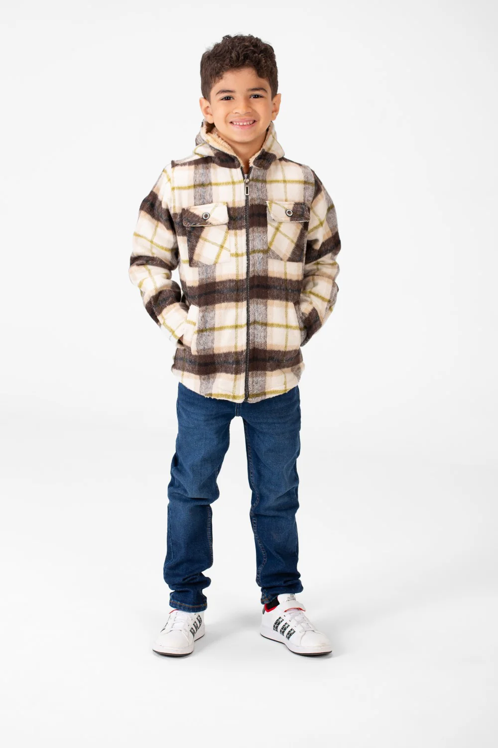 Boy's Checked Fur Padded Hood Shirt With Fully Zipped - Image 4