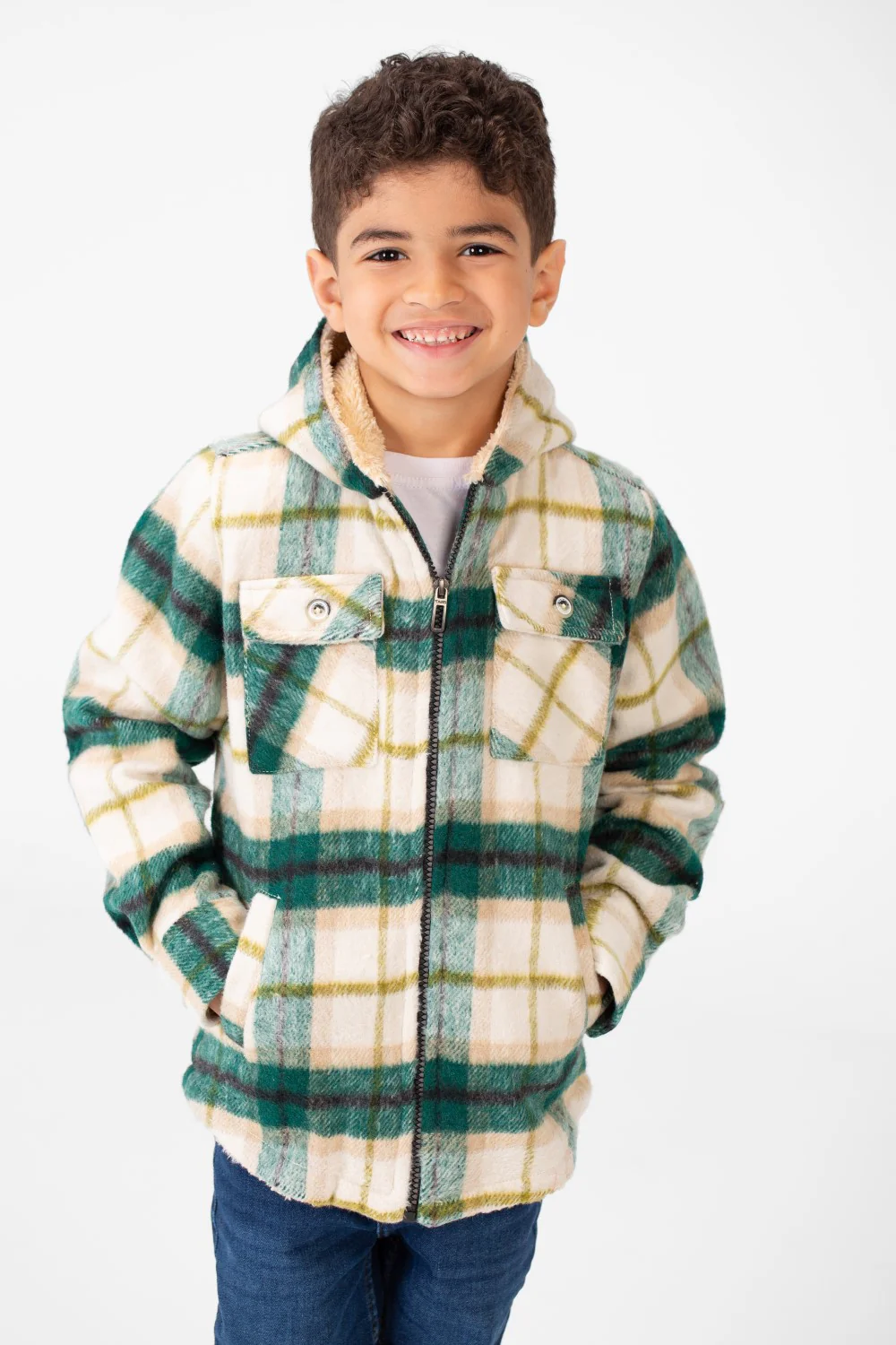 Boy's Checked Fur Padded Hood Shirt With Fully Zipped - Image 5