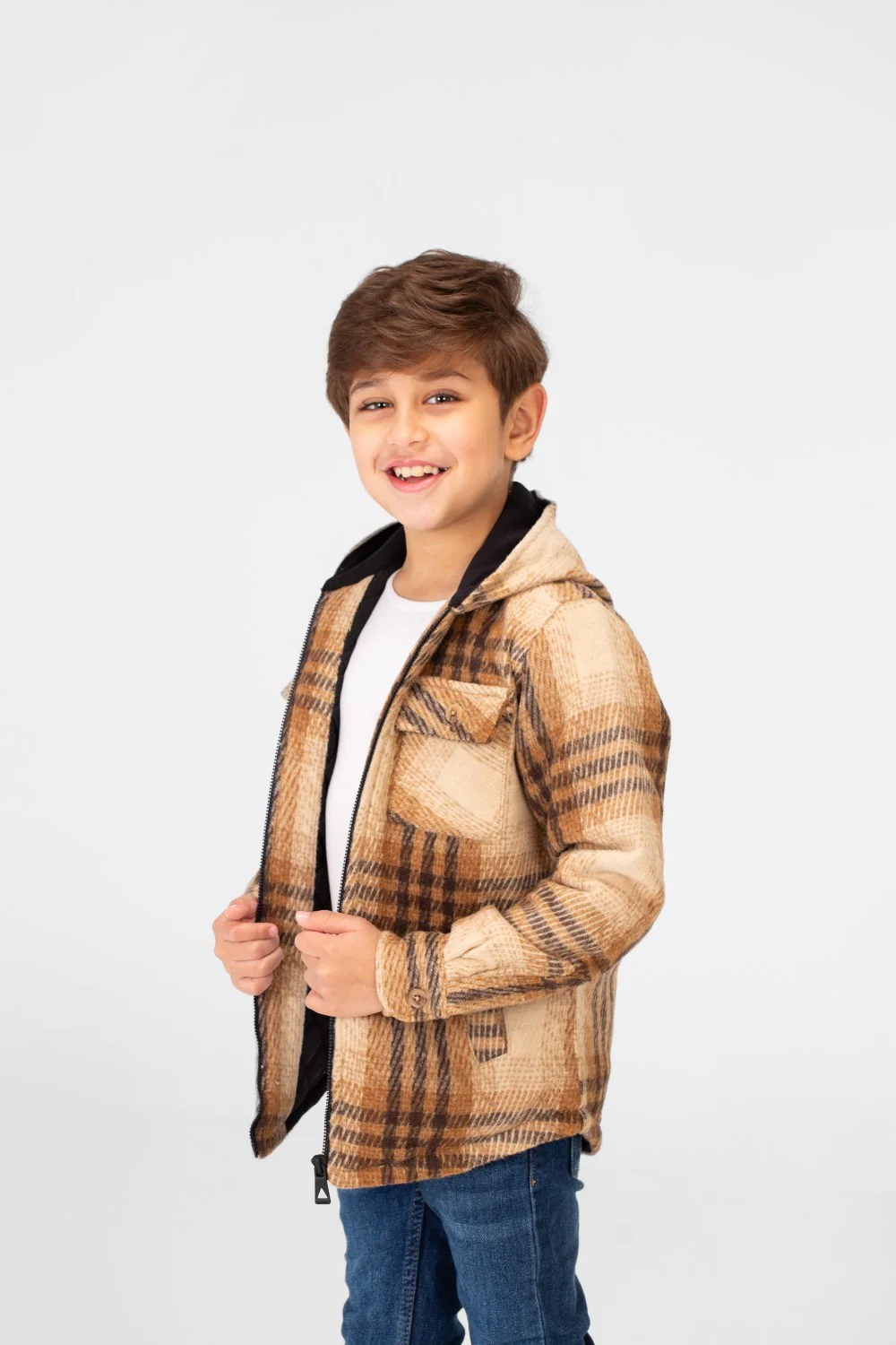 Boy's Checkered Hooded Shirt With Full Zip - Image 11