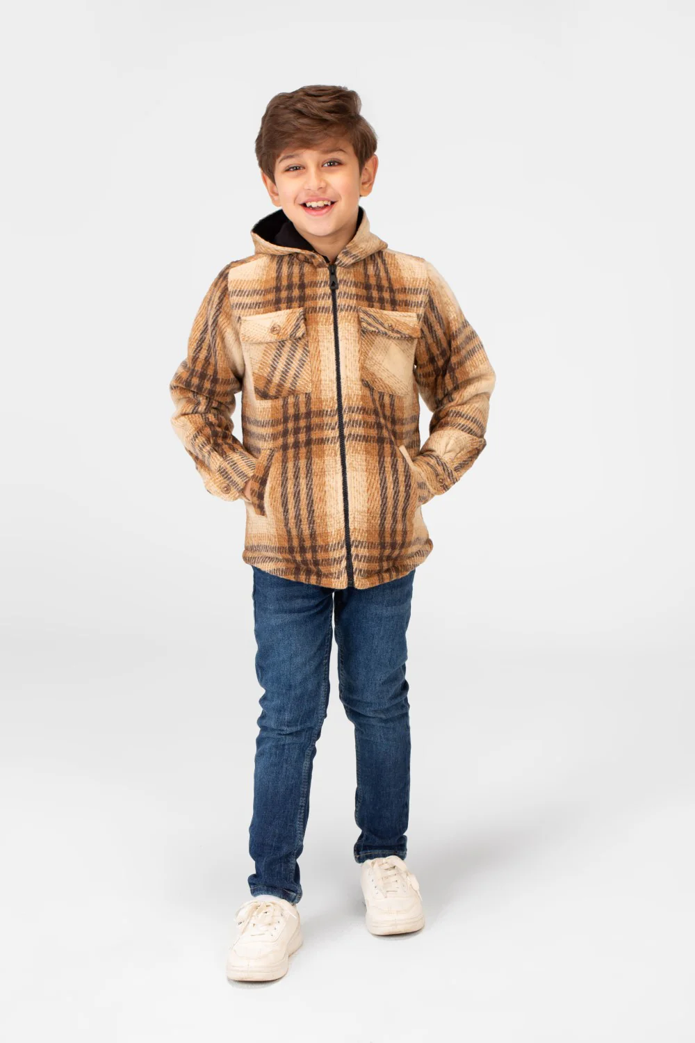 Boy's Checkered Hooded Shirt With Full Zip - Image 12