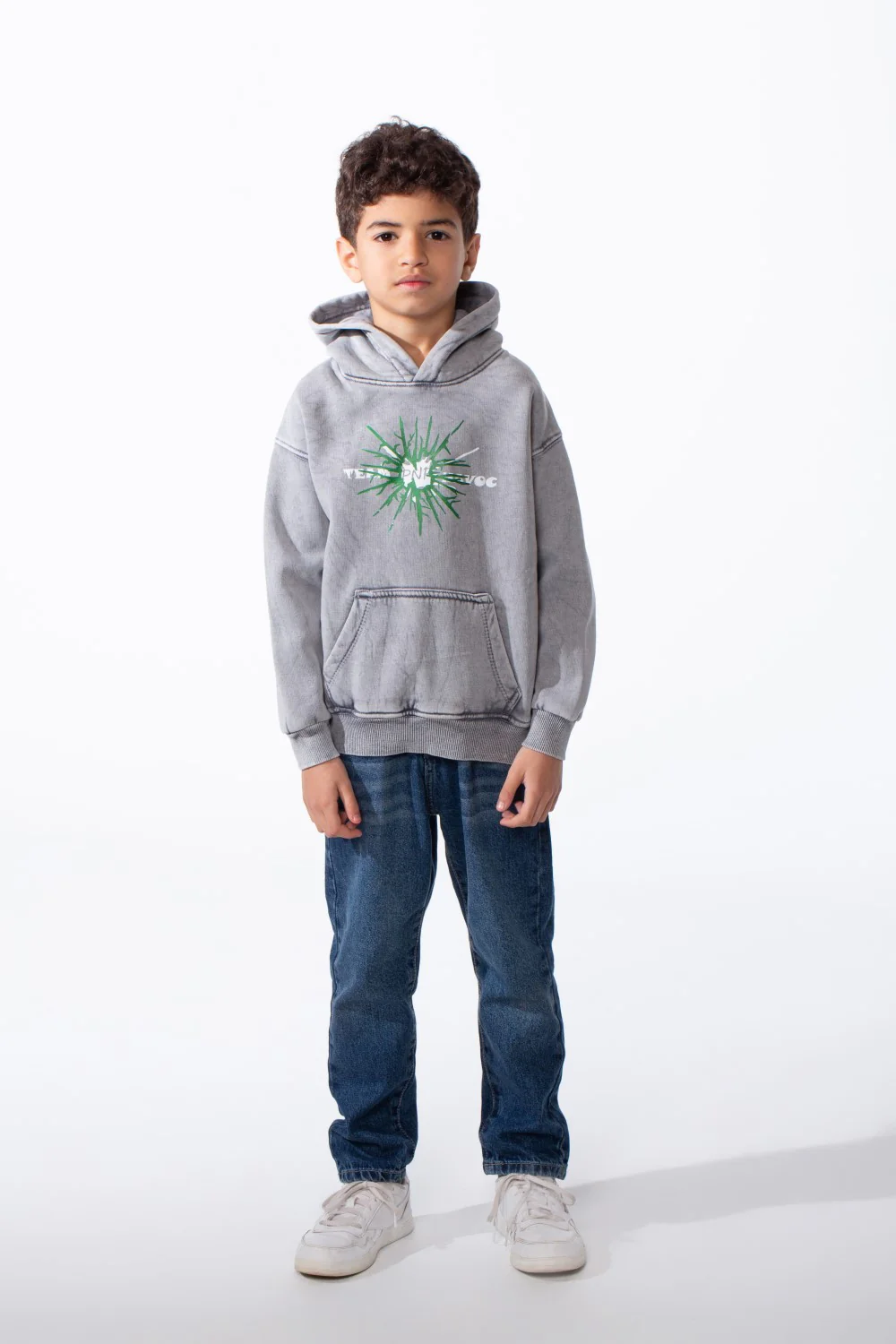 Boy's Classic Kangaroo Pocket With Acid-Wash Chest Distressed Explosive Green Graphic Sweatshirt - Image 3