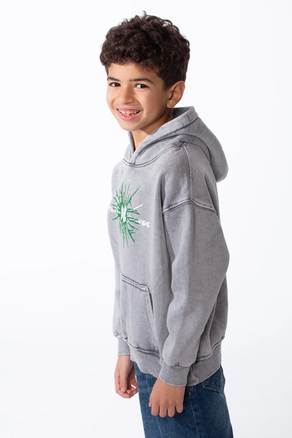 Boy's Classic Kangaroo Pocket With Acid-Wash Chest Distressed Explosive Green Graphic Sweatshirt - Image 4