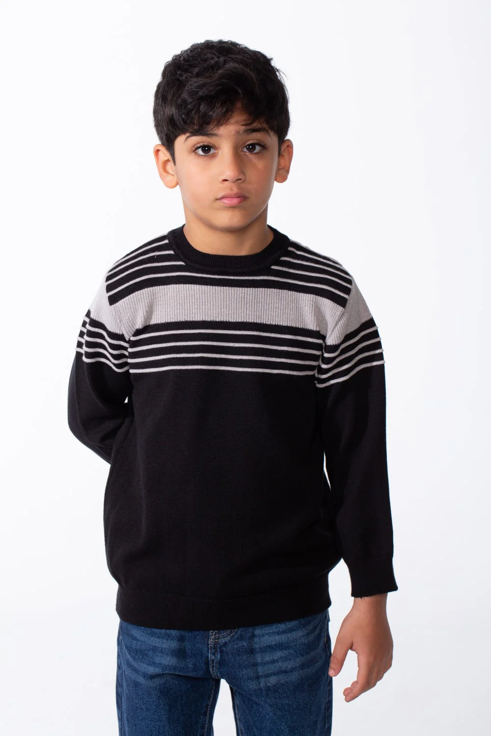 Boy's Crew Neck Knit Horizontal Stripes Fine-Rib Collar Cuffs Pullover