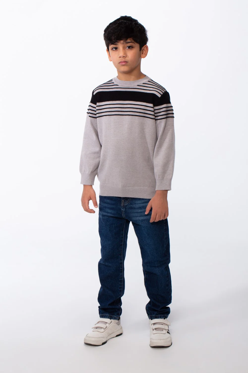Boy's Crew Neck Knit Horizontal Stripes Fine-Rib Collar Cuffs Pullover - Image 11