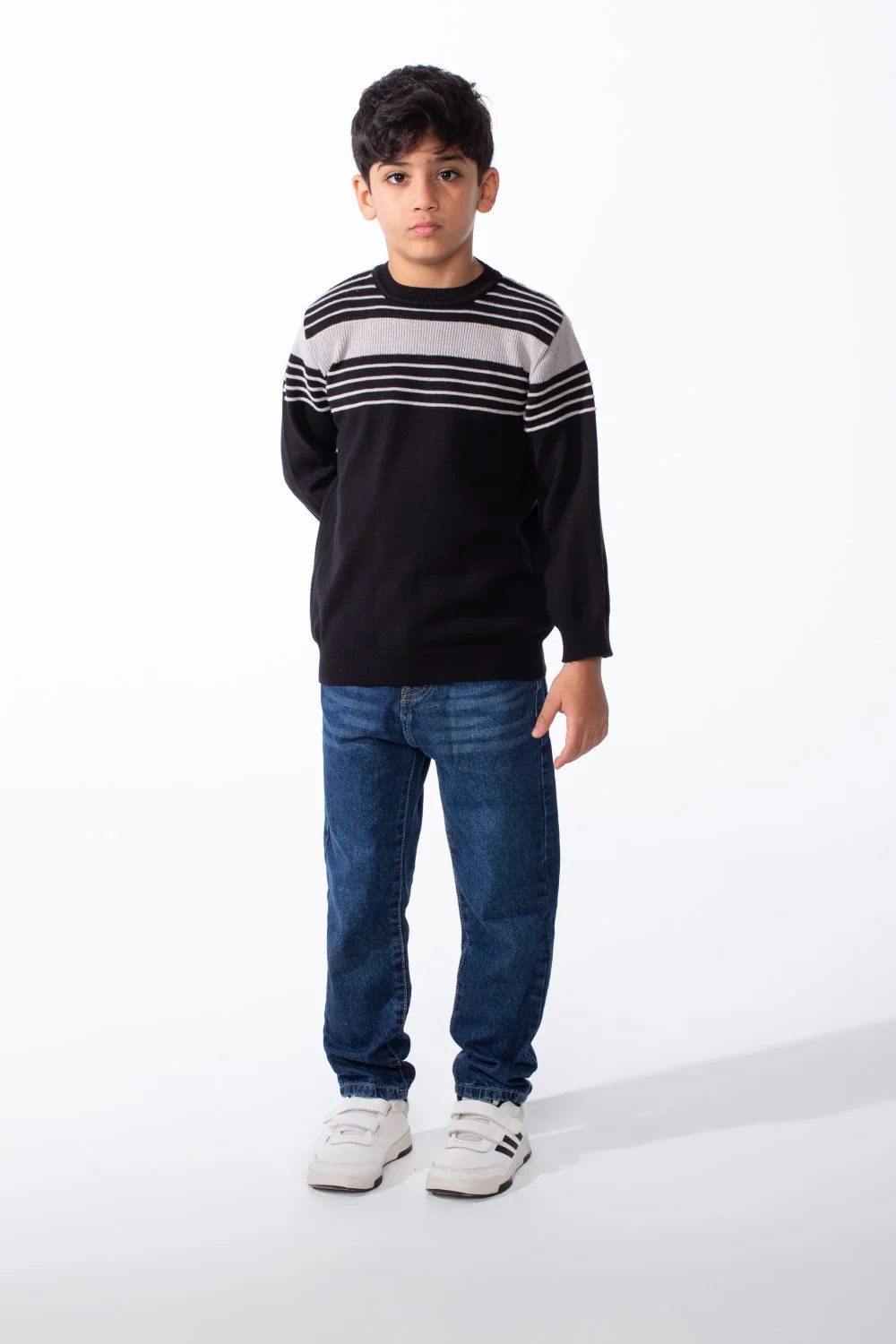 Boy's Crew Neck Knit Horizontal Stripes Fine-Rib Collar Cuffs Pullover - Image 3