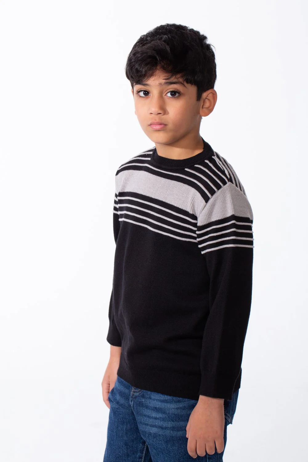 Boy's Crew Neck Knit Horizontal Stripes Fine-Rib Collar Cuffs Pullover - Image 4