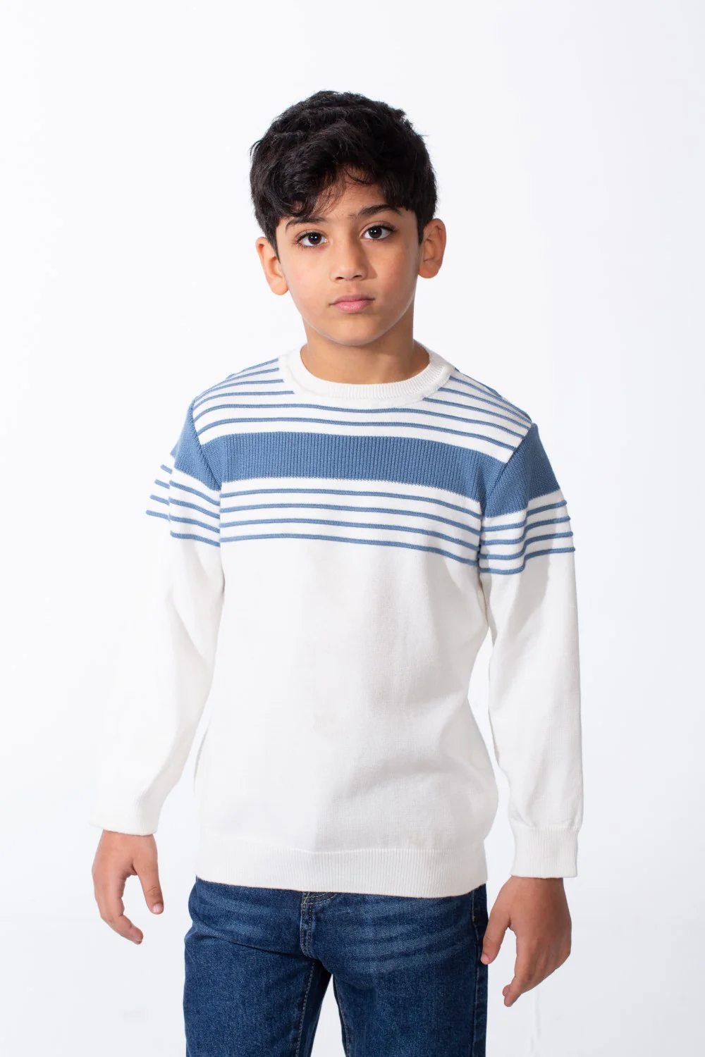 Boy's Crew Neck Knit Horizontal Stripes Fine-Rib Collar Cuffs Pullover - Image 5
