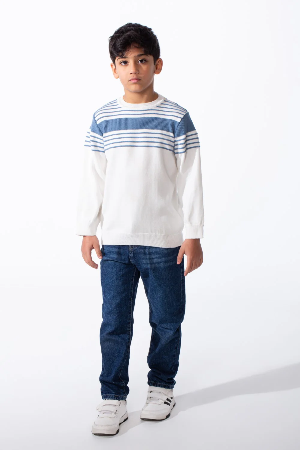 Boy's Crew Neck Knit Horizontal Stripes Fine-Rib Collar Cuffs Pullover - Image 7
