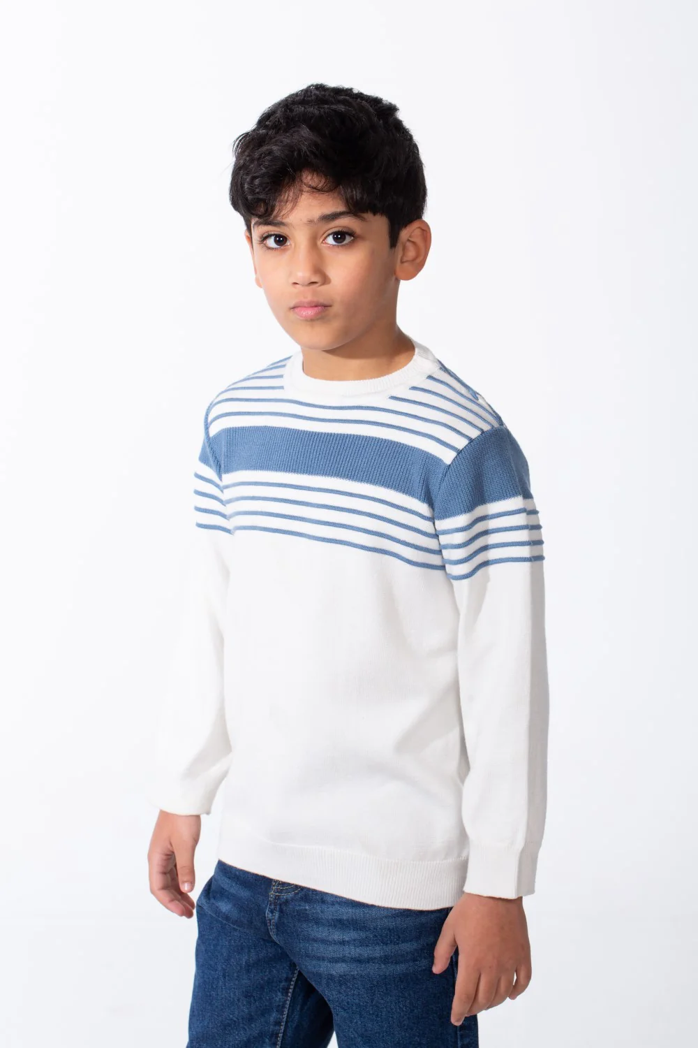 Boy's Crew Neck Knit Horizontal Stripes Fine-Rib Collar Cuffs Pullover - Image 8