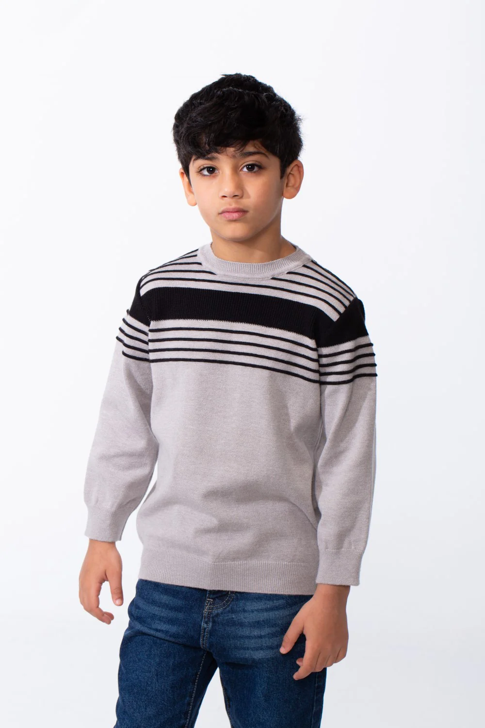 Boy's Crew Neck Knit Horizontal Stripes Fine-Rib Collar Cuffs Pullover - Image 9