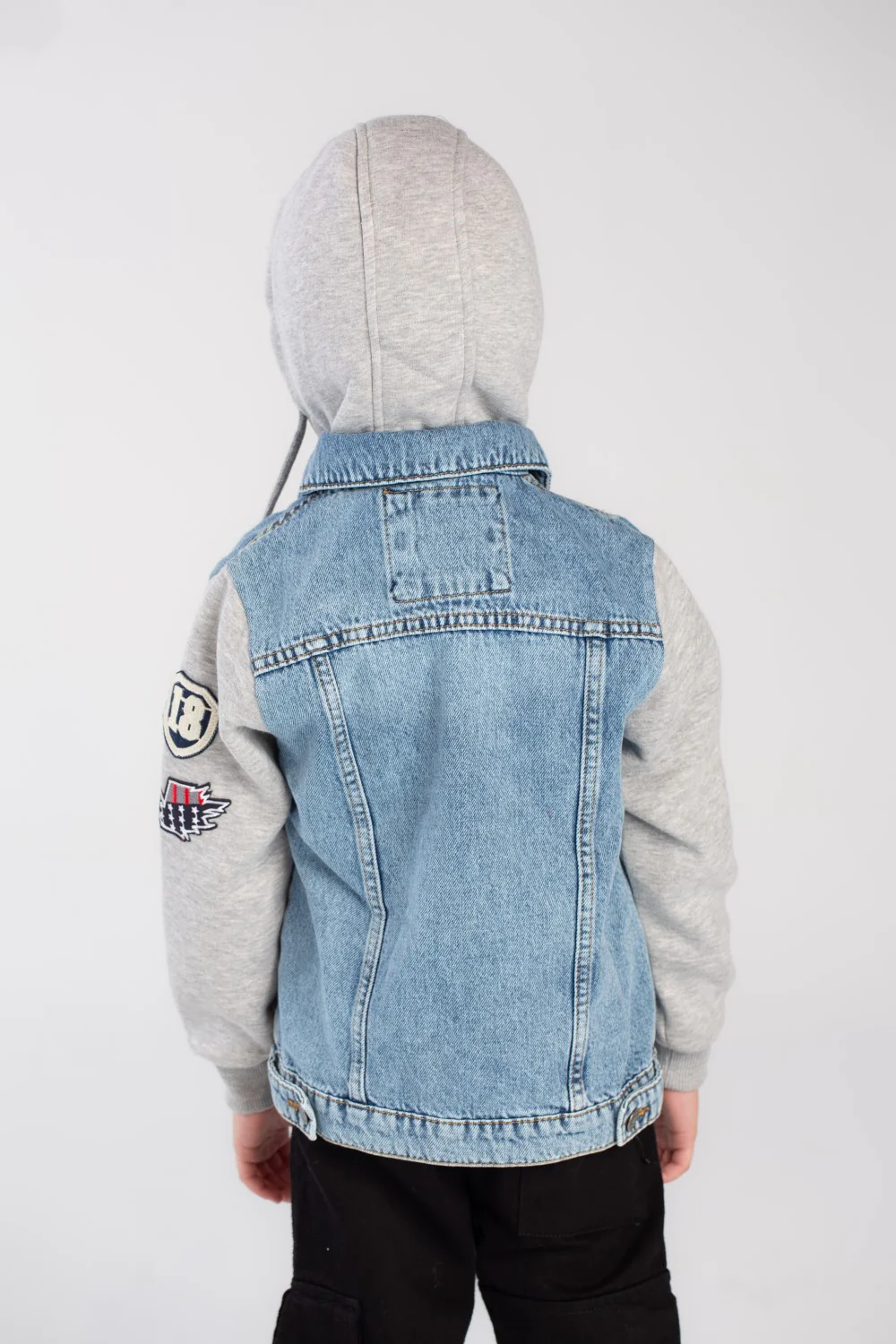 Boy's Denim Melton Hooded Printed Details Casual Slim Fit Jackets With Melton Sleeves - Image 2