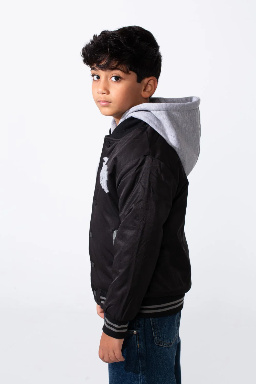 Boy's Front Print Melton Hood Waterproof Baseball Varsity Jacket - Image 8