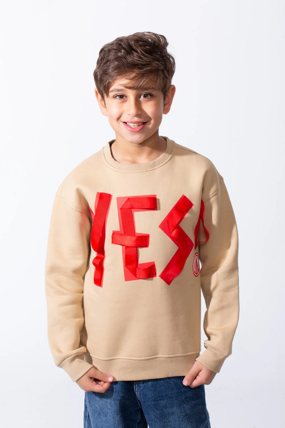 Boy's Front Yes Print Oversize Crew Neck Sweatshirt