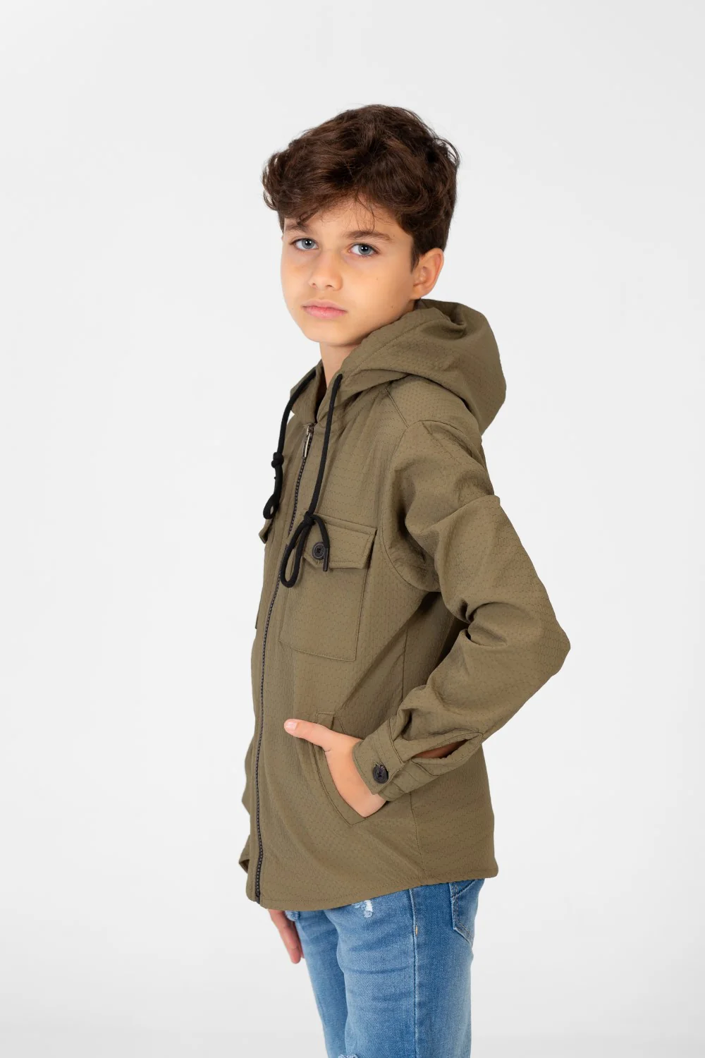 Boy's Fur Padded Hood Shirt With Full Front Zip - Image 11