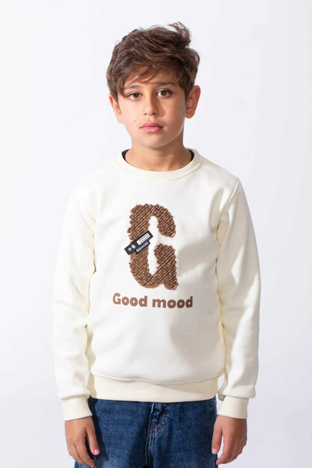 Boy's Good Mood Front Print Crew Neck Slim Fit Sweatshirt