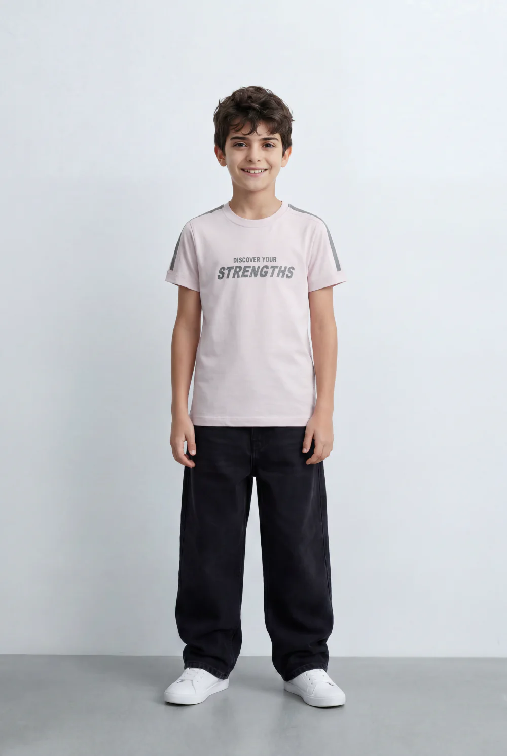 Boy's Tomato Store Graphic T-Shirt Bold Strengths Typography Print Contrast Shoulder Tape Details Turn Up Sleeves - Image 7
