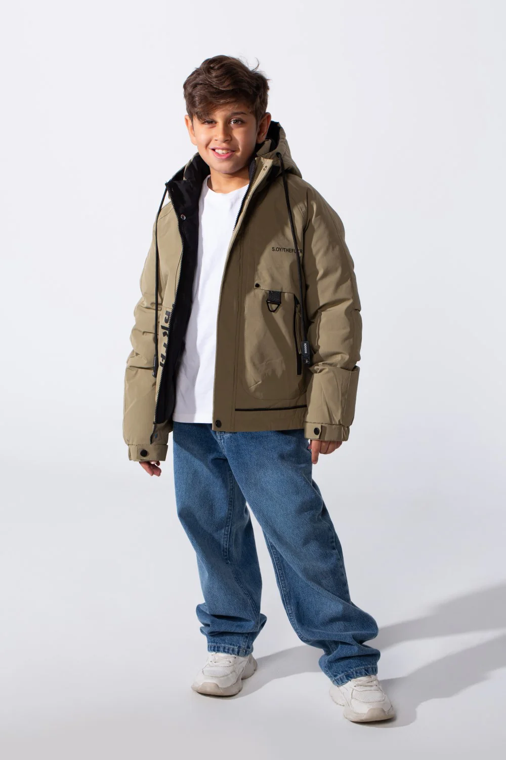 Boy's High-Neck Side Print With Pockets Long Sleeve Hooded Thermal Modern Jacket - Image 3