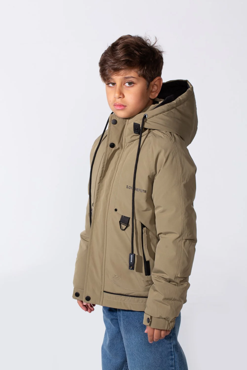 Boy's High-Neck Side Print With Pockets Long Sleeve Hooded Thermal Modern Jacket - Image 4
