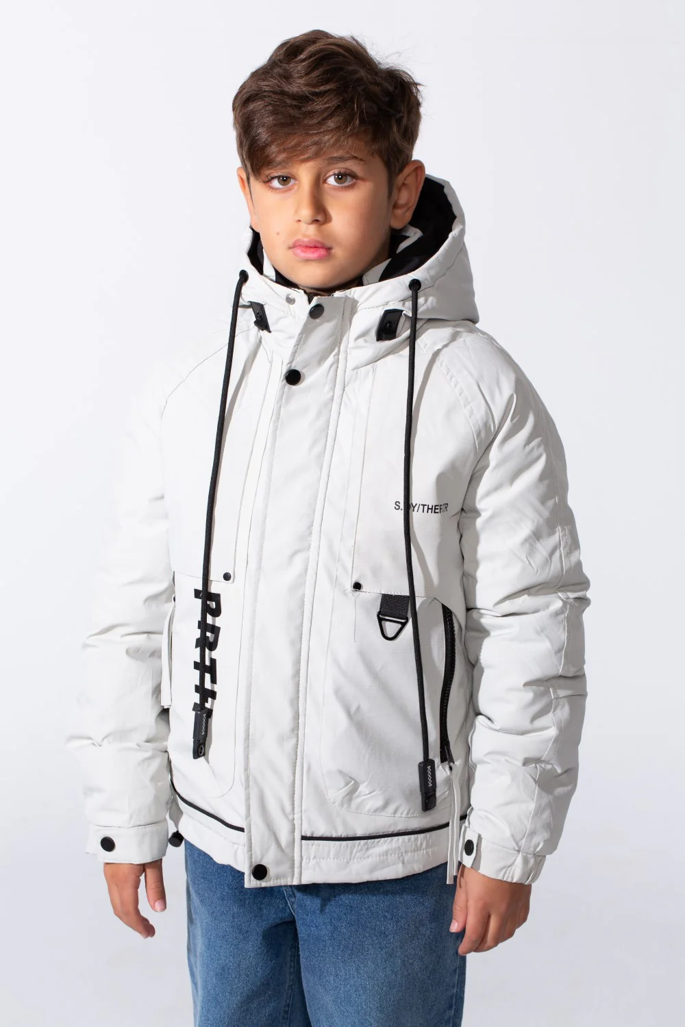 Boy's High-Neck Side Print With Pockets Long Sleeve Hooded Thermal Modern Jacket - Image 5