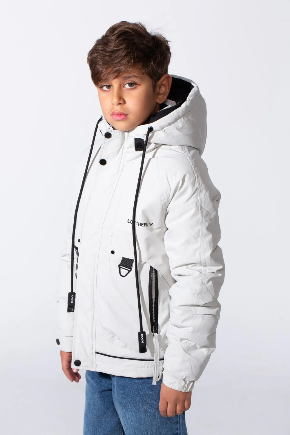 Boy's High-Neck Side Print With Pockets Long Sleeve Hooded Thermal Modern Jacket - Image 8