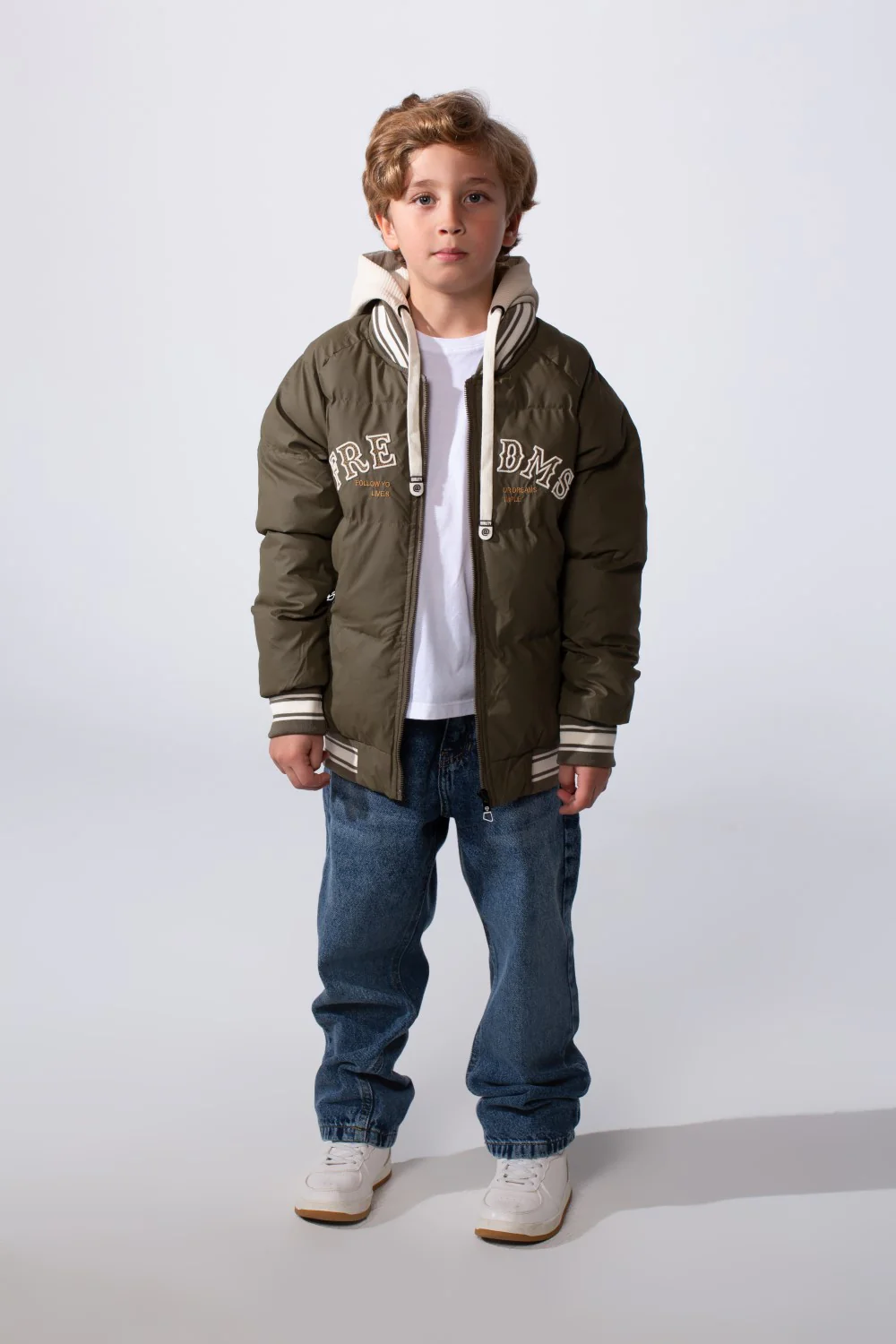 Boy's Long Sleeve Baseball Style Collar Chest Printed With Side Pockets Hooded Puffer Waterproof Thermal Jacket - Image 11