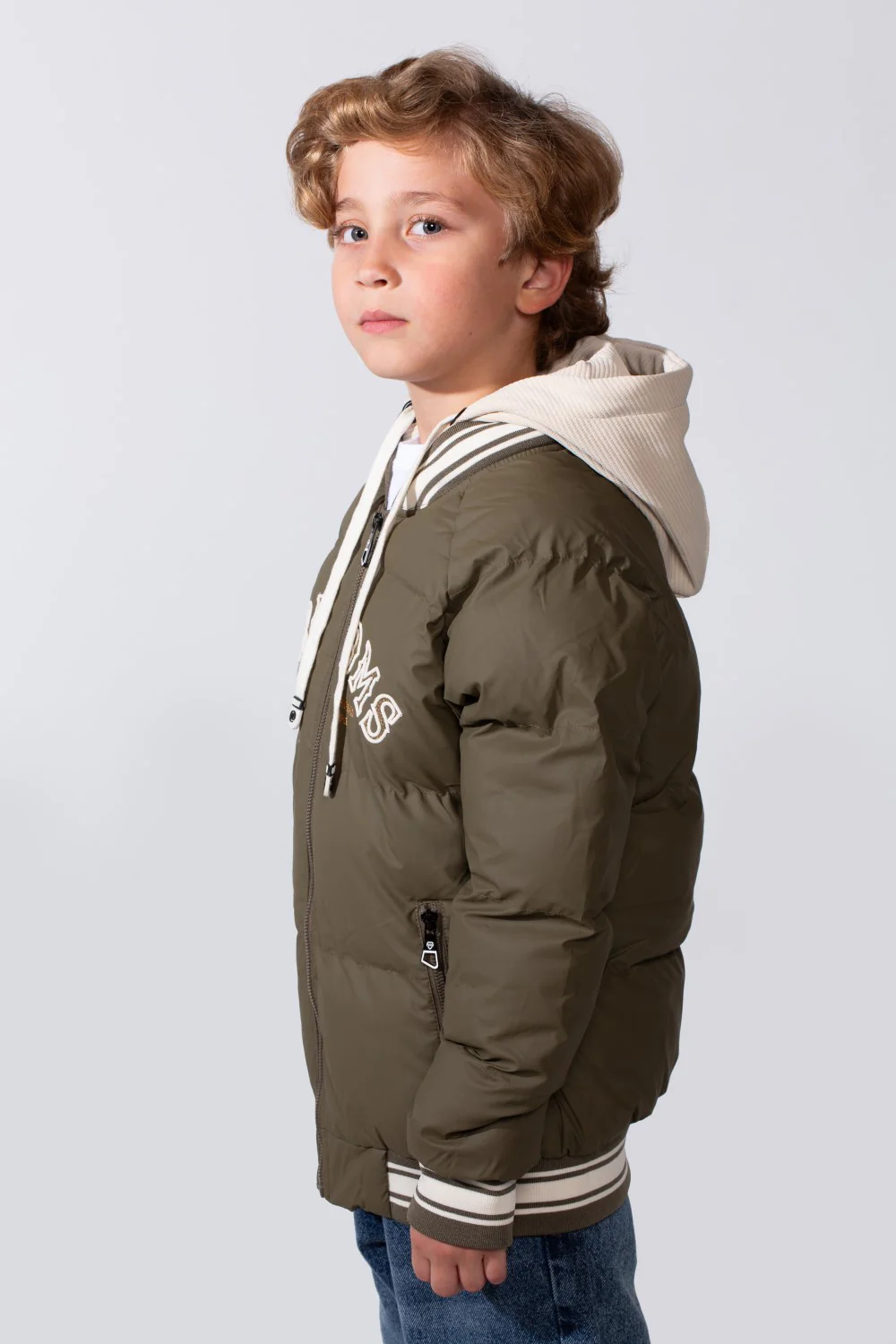 Boy's Long Sleeve Baseball Style Collar Chest Printed With Side Pockets Hooded Puffer Waterproof Thermal Jacket - Image 12